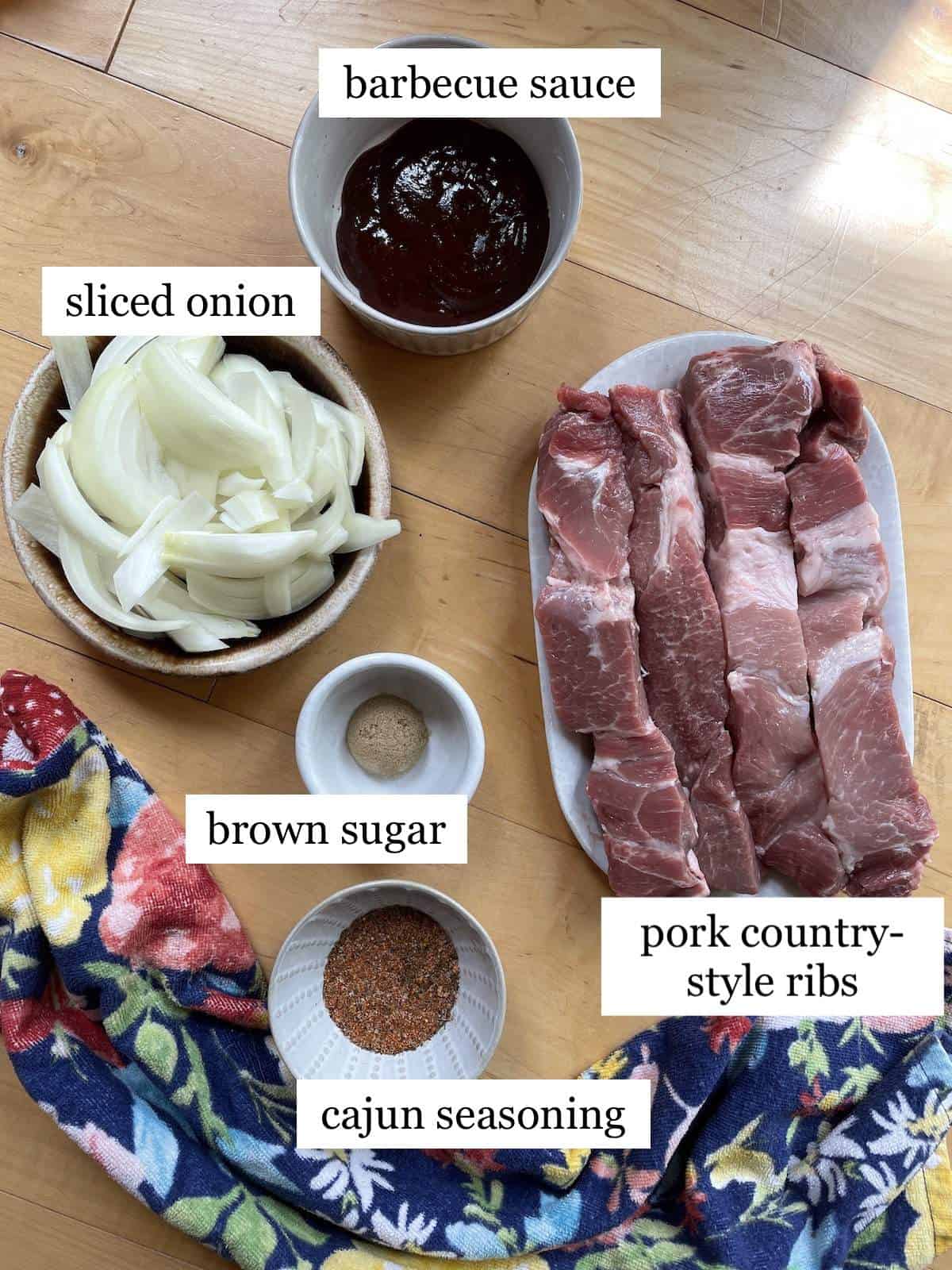The ingredients in slow cooker country style ribs, laid out and labeled.