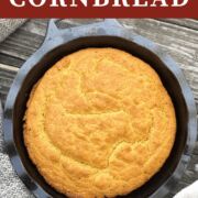A pin image of a cast iron pie pan with baked golden brown southern cornbread in it.