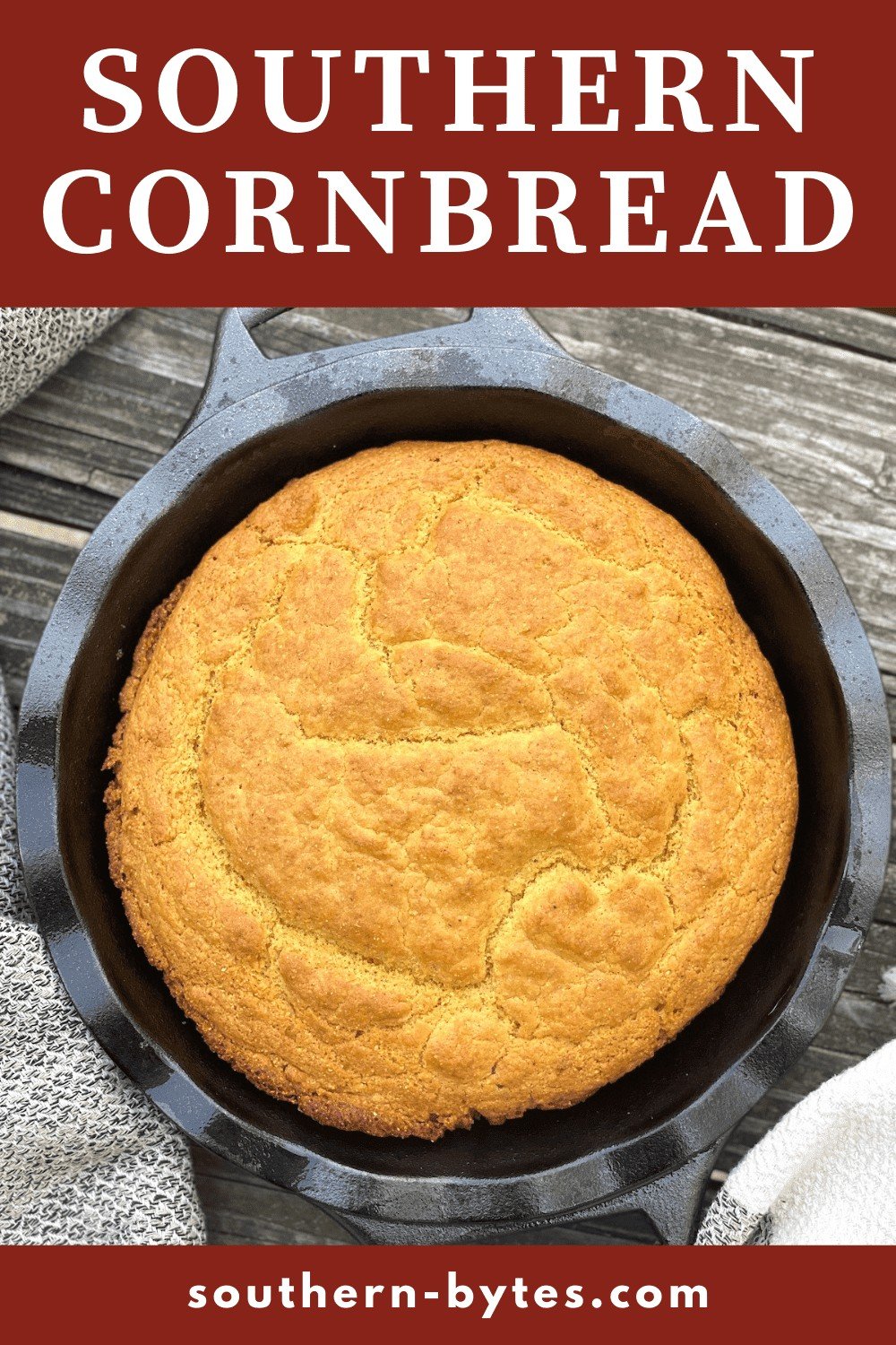 A pin image of a cast iron pie pan with baked golden brown southern cornbread in it.