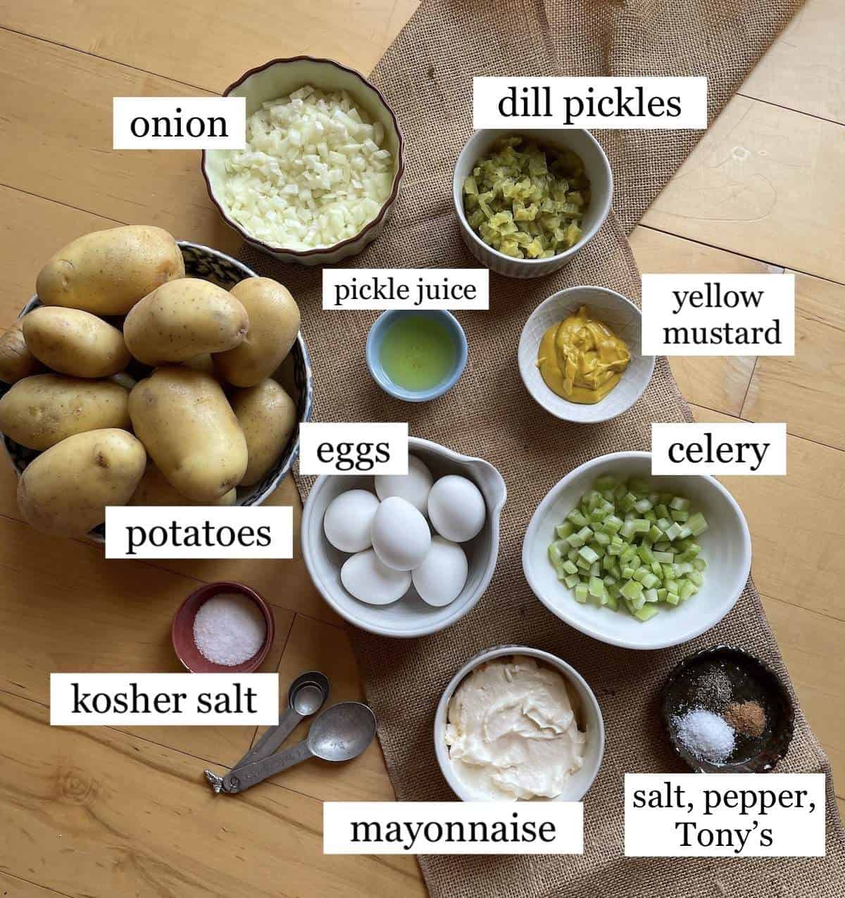 The ingredients in southern potato salad, laid out and labeled.