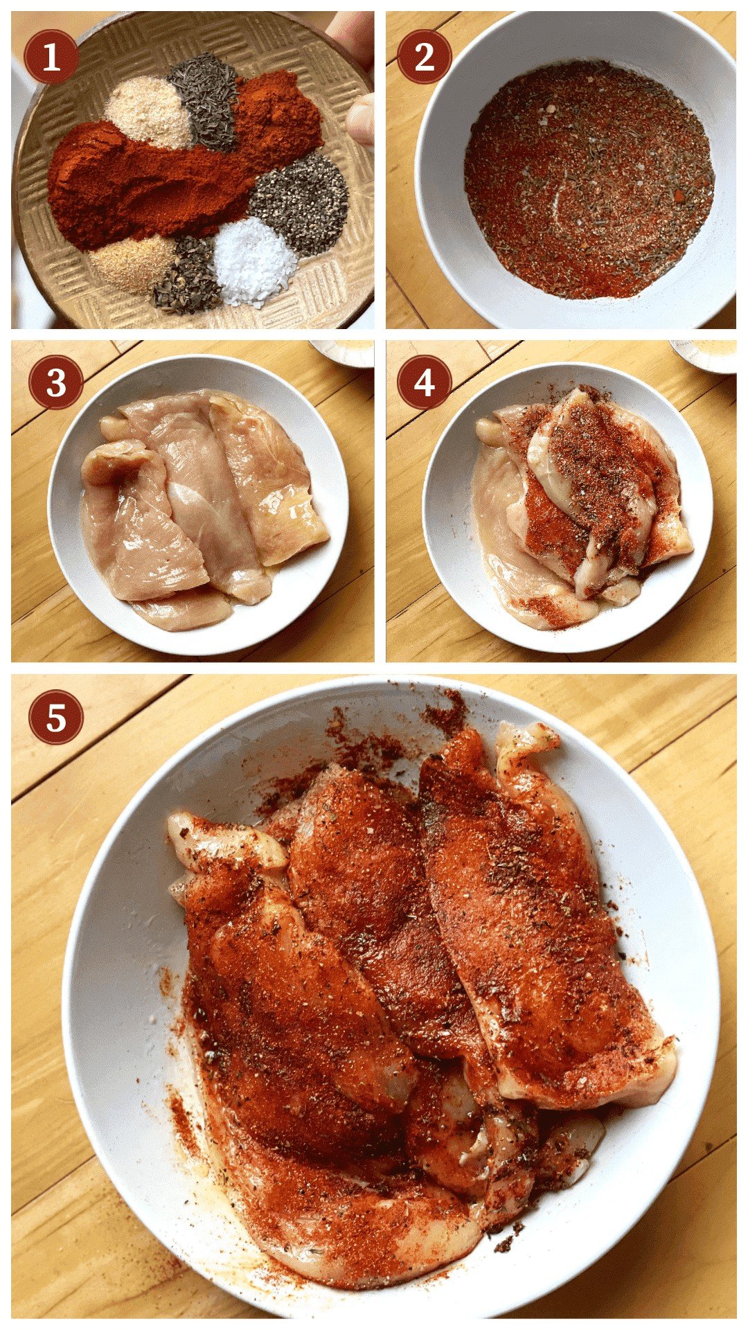 A collage of images showing how to make blackened chicken, steps 1 - 5.
