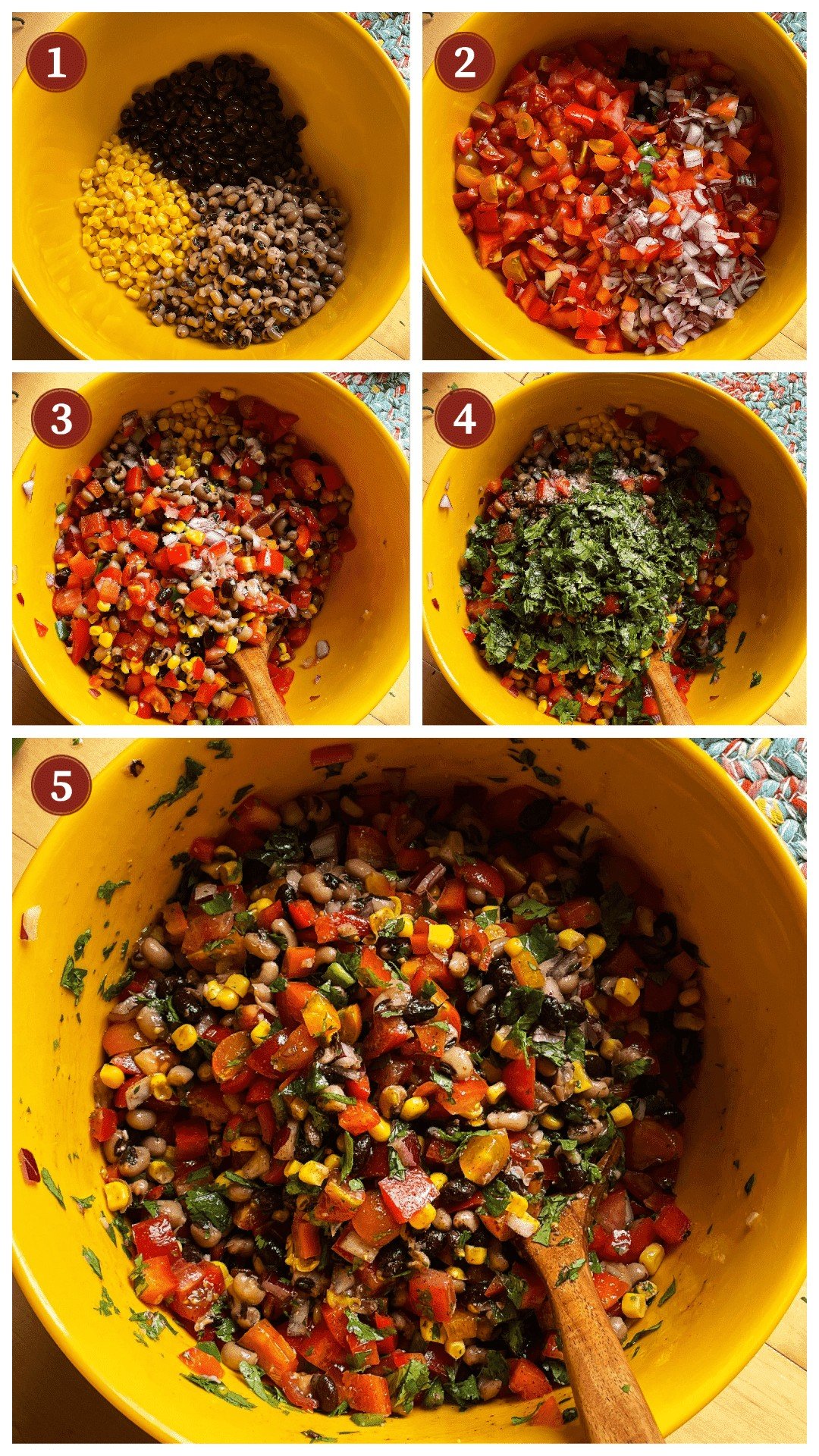 A collage of images showing how to mix the ingredients in redneck caviar, steps 1 - 5.