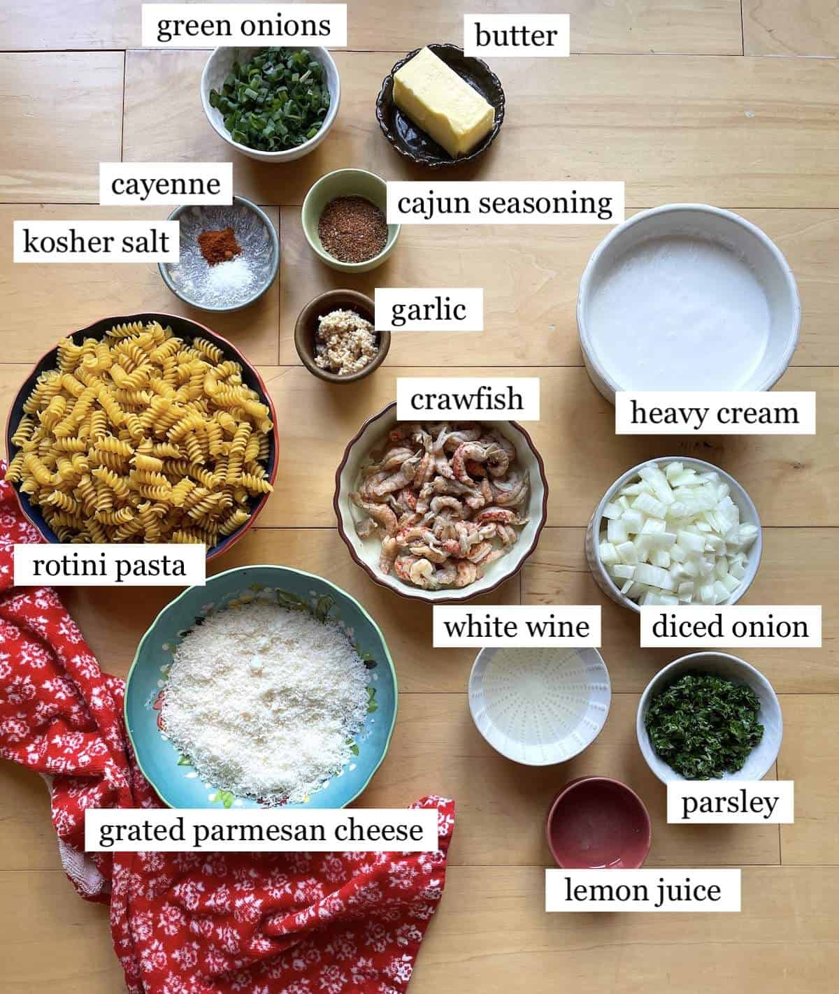 The ingredients in crawfish monica, laid out and labeled.