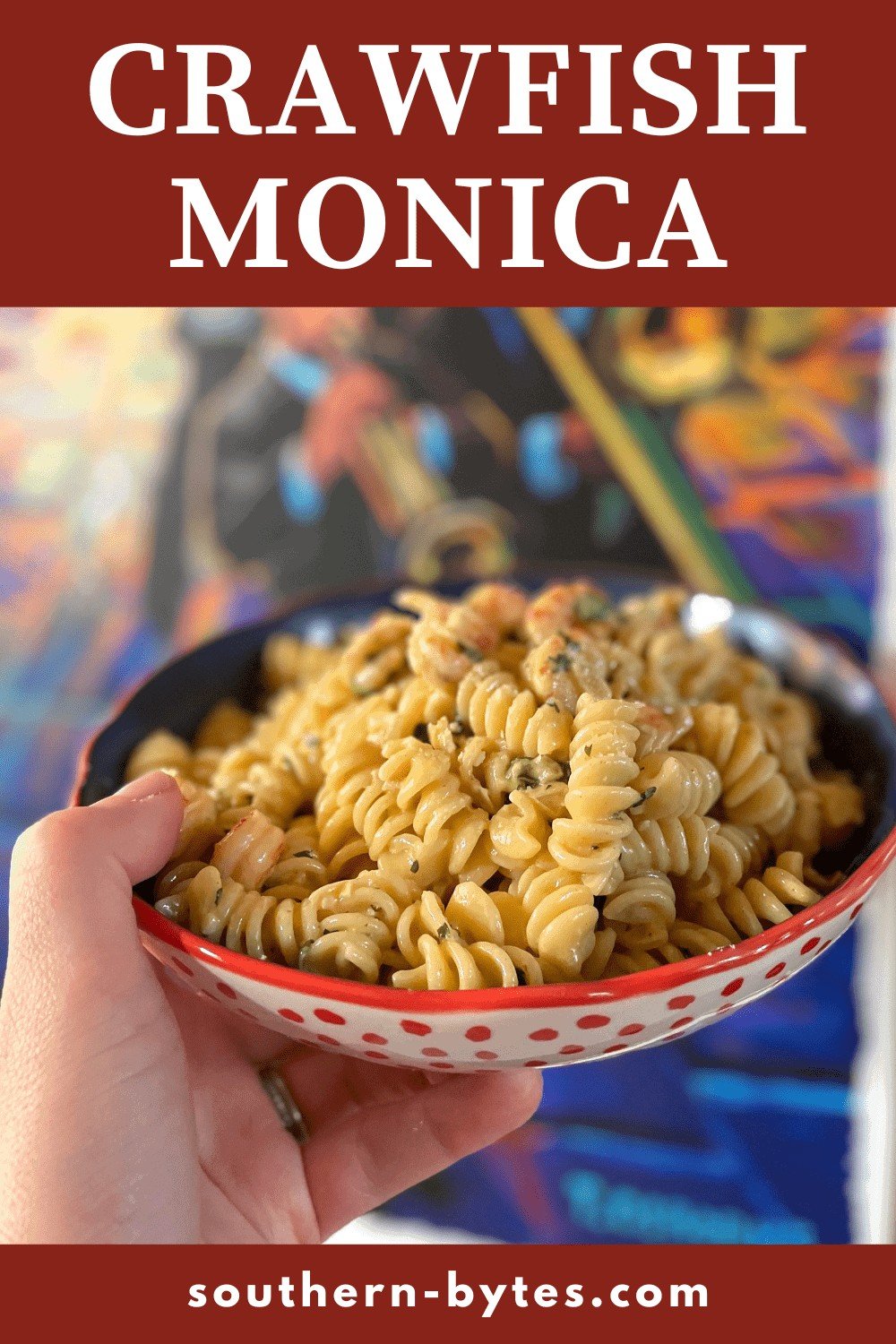 A pin image of a bowl of crawfish monica in front of a jazz fest poster.