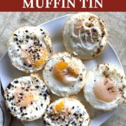 A pin image of eggs baked in a muffin tin on a white plate.