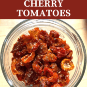 A pin image of a jar of dehydrated cherry tomatoes.