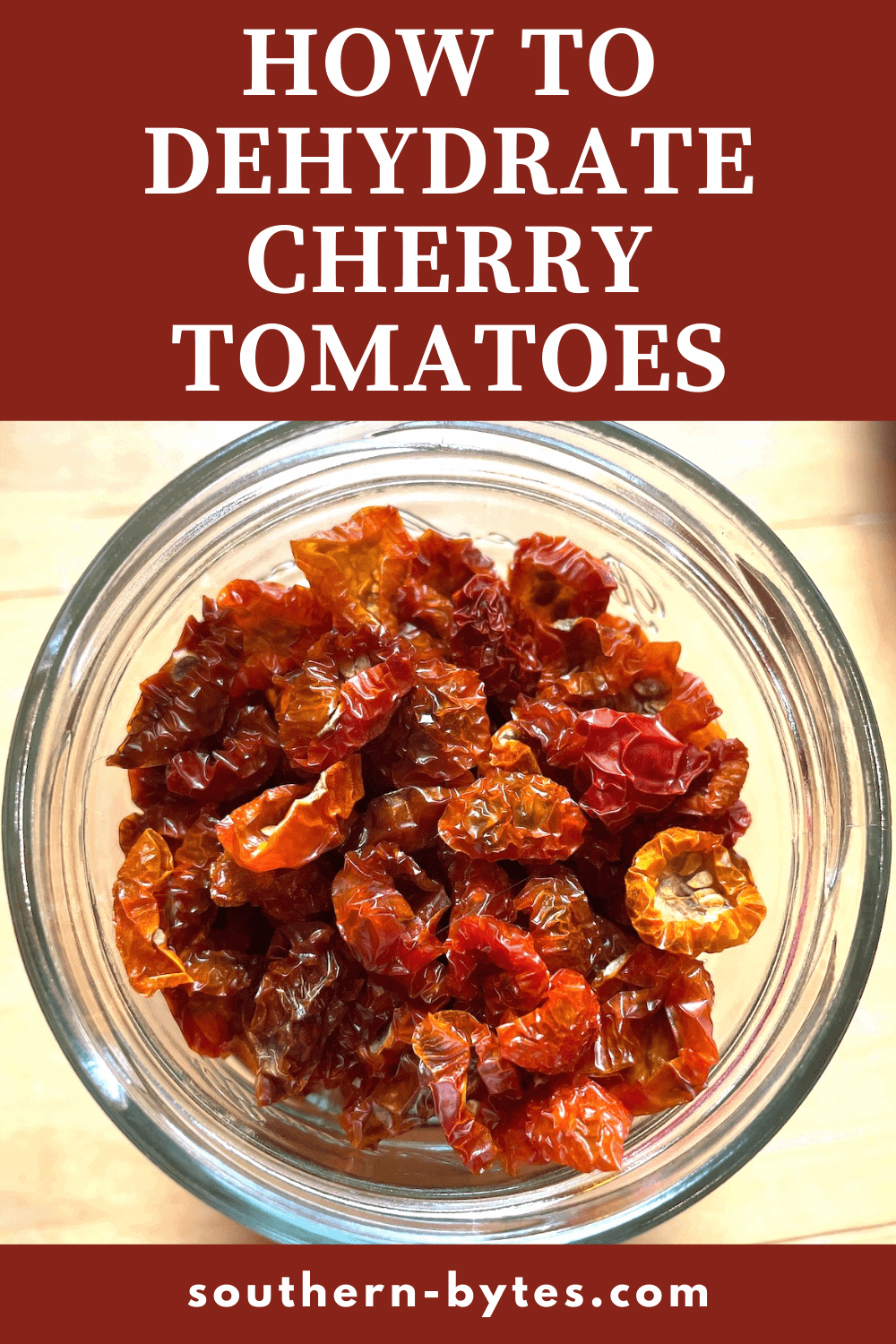 A pin image of a jar of dehydrated cherry tomatoes.