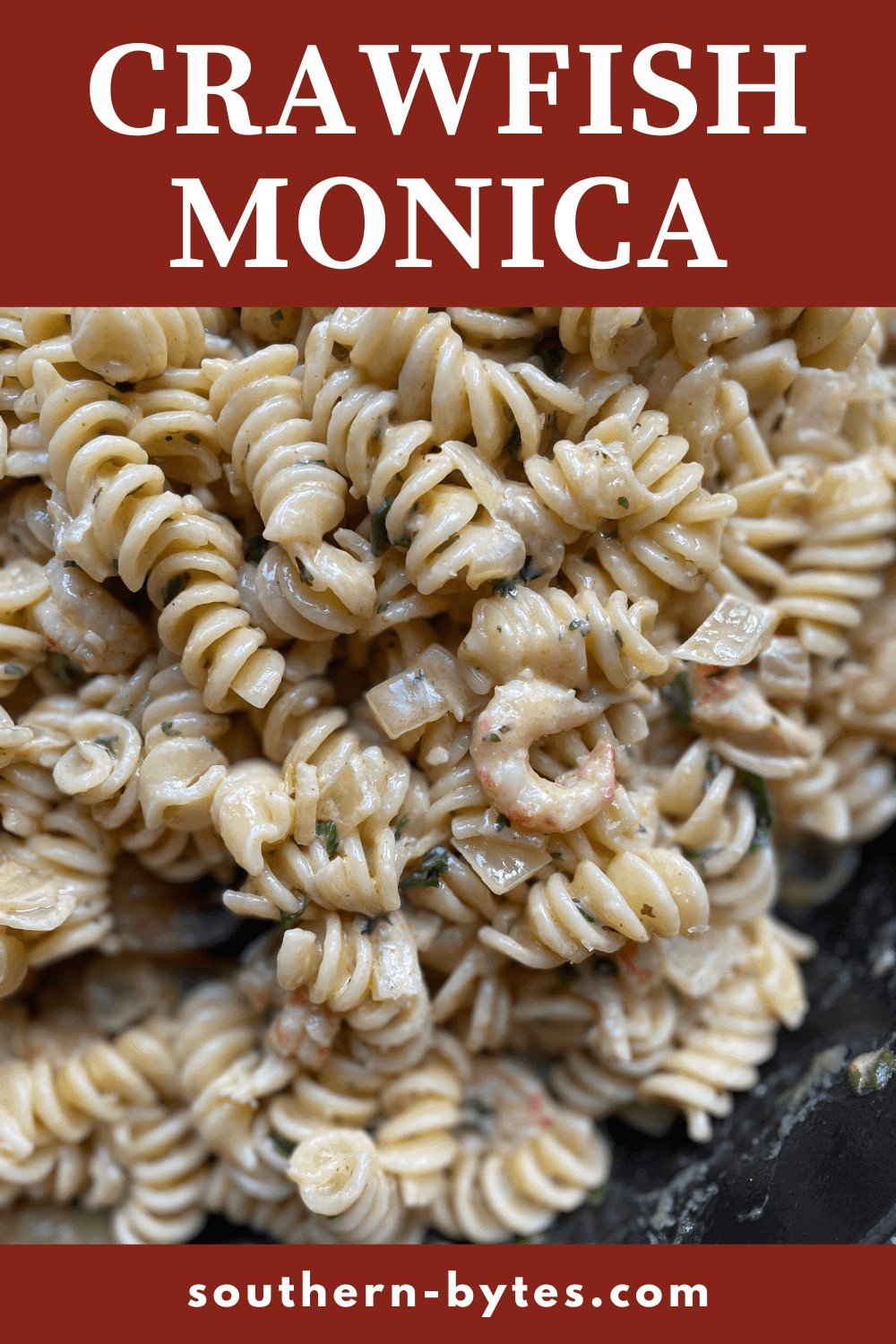 A pin image of crawfish monica cooking in a frying pan.