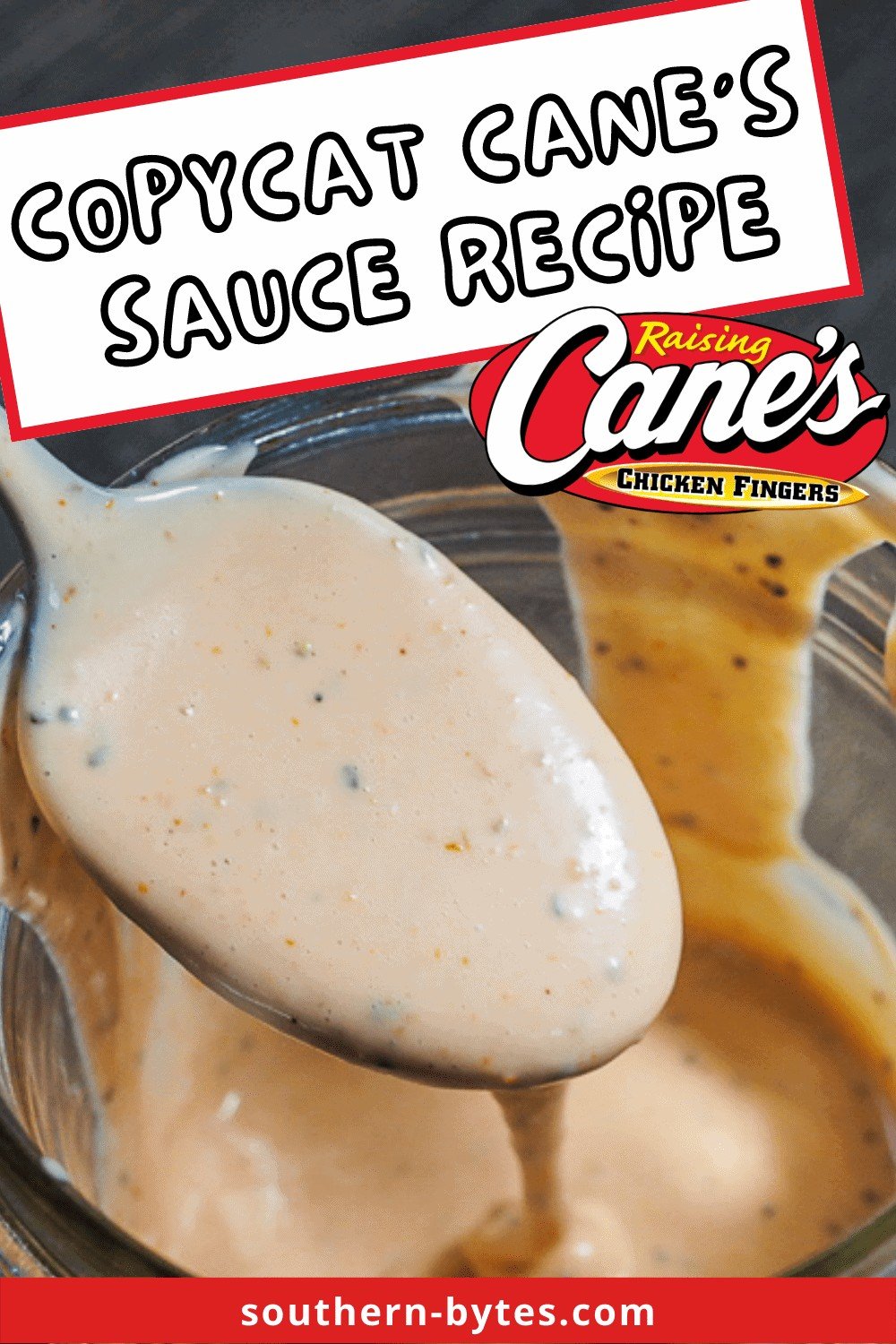 A pin image of orange, peppery Cane's Sauce dripping off of a spoon into a mason jar.