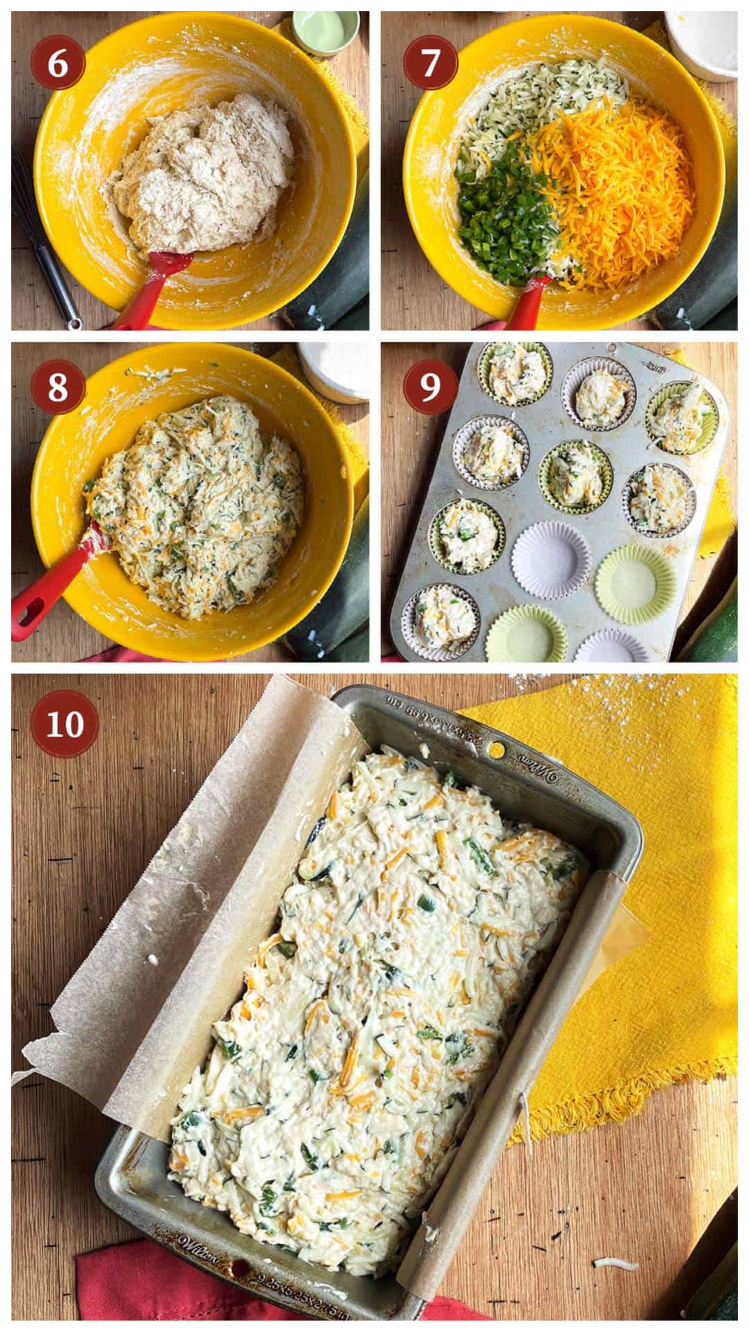 A collage of images showing how to make savory zucchini muffins and bread, steps 6 - 10.