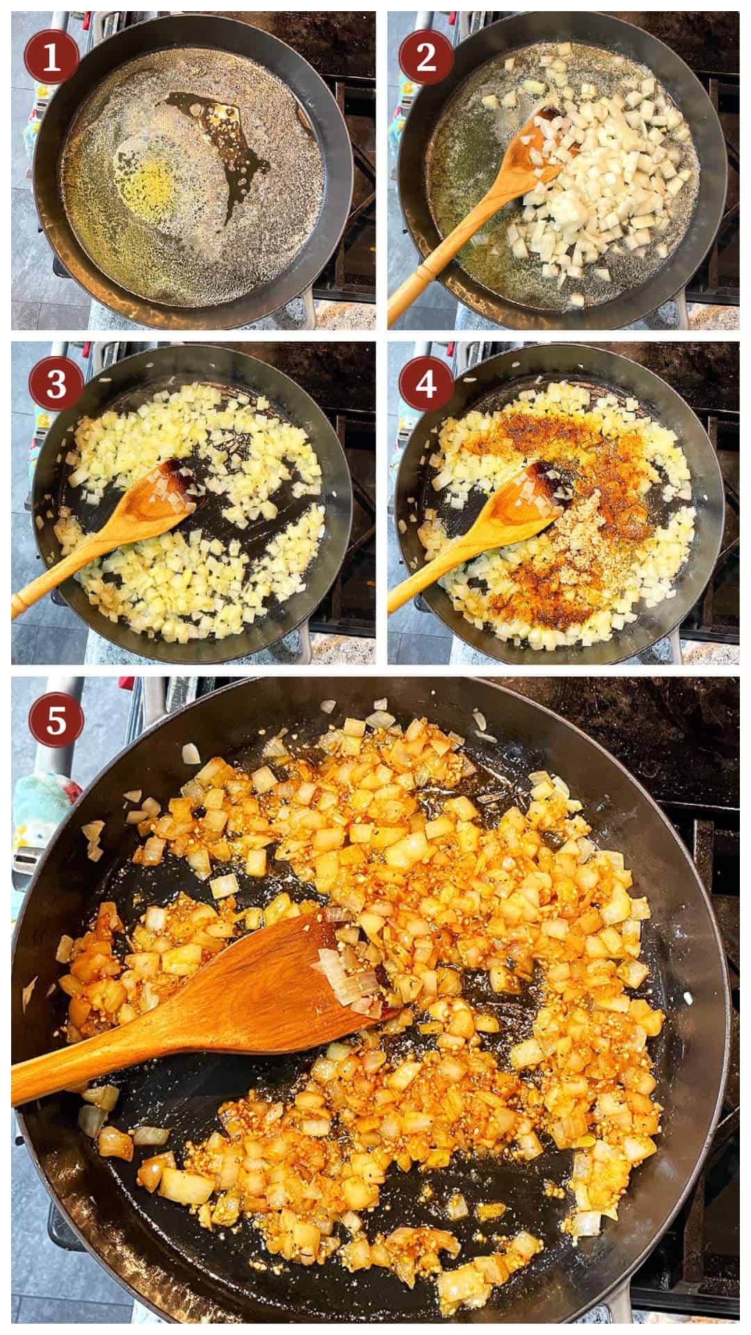 A collage of images showing how to make crawfish monica, steps 1 - 5.