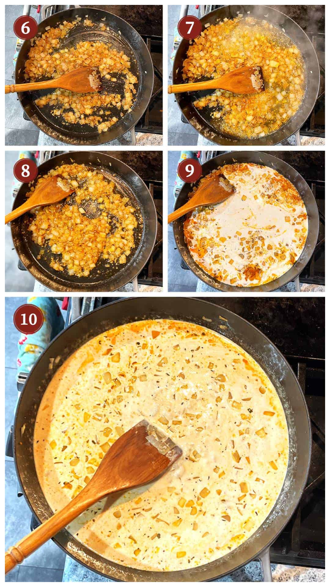 A collage of images showing how to make crawfish monica sauce, steps 6 - 10.