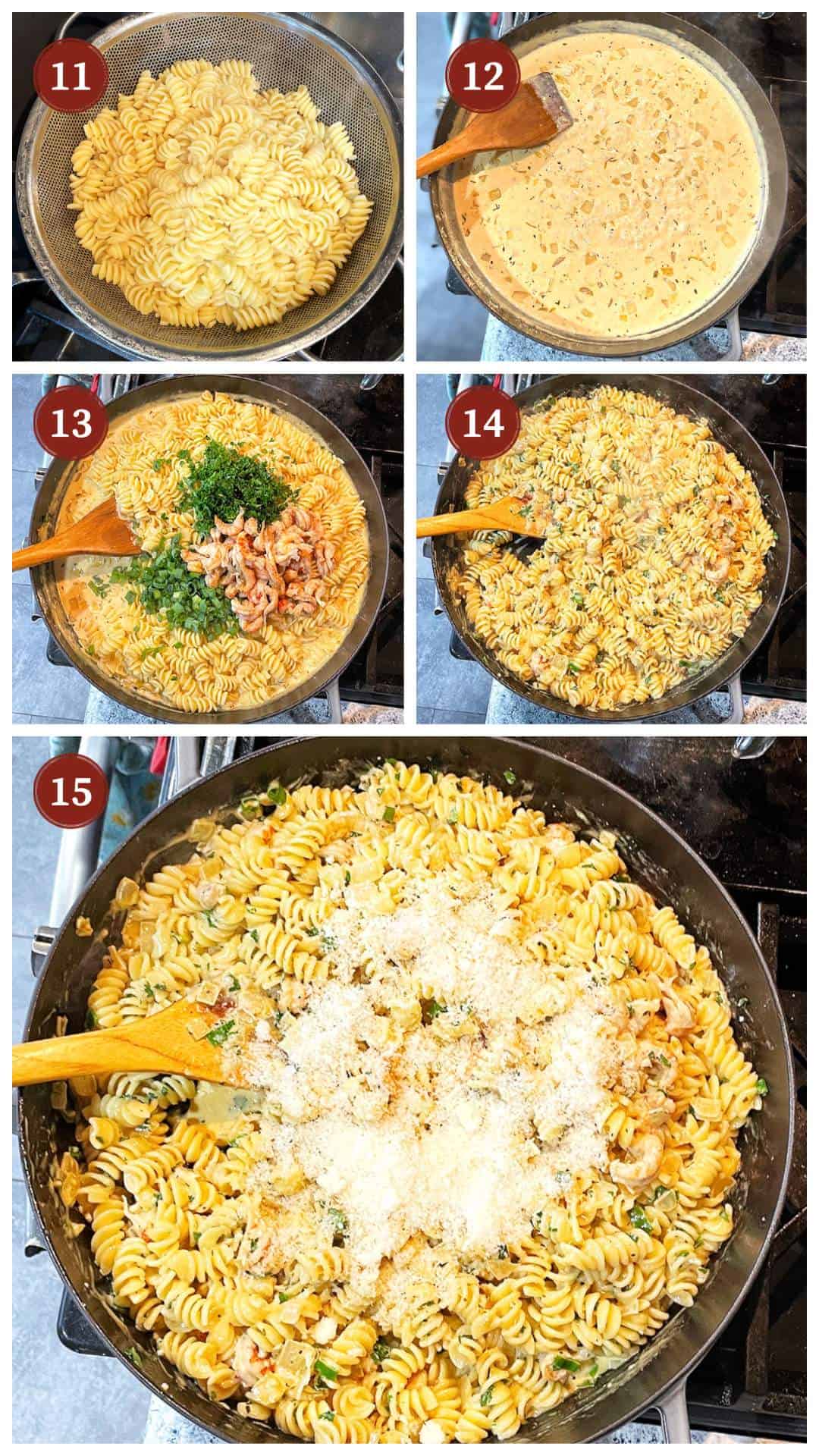 A collage of images showing how to make crawfish monica, steps 11 - 15.