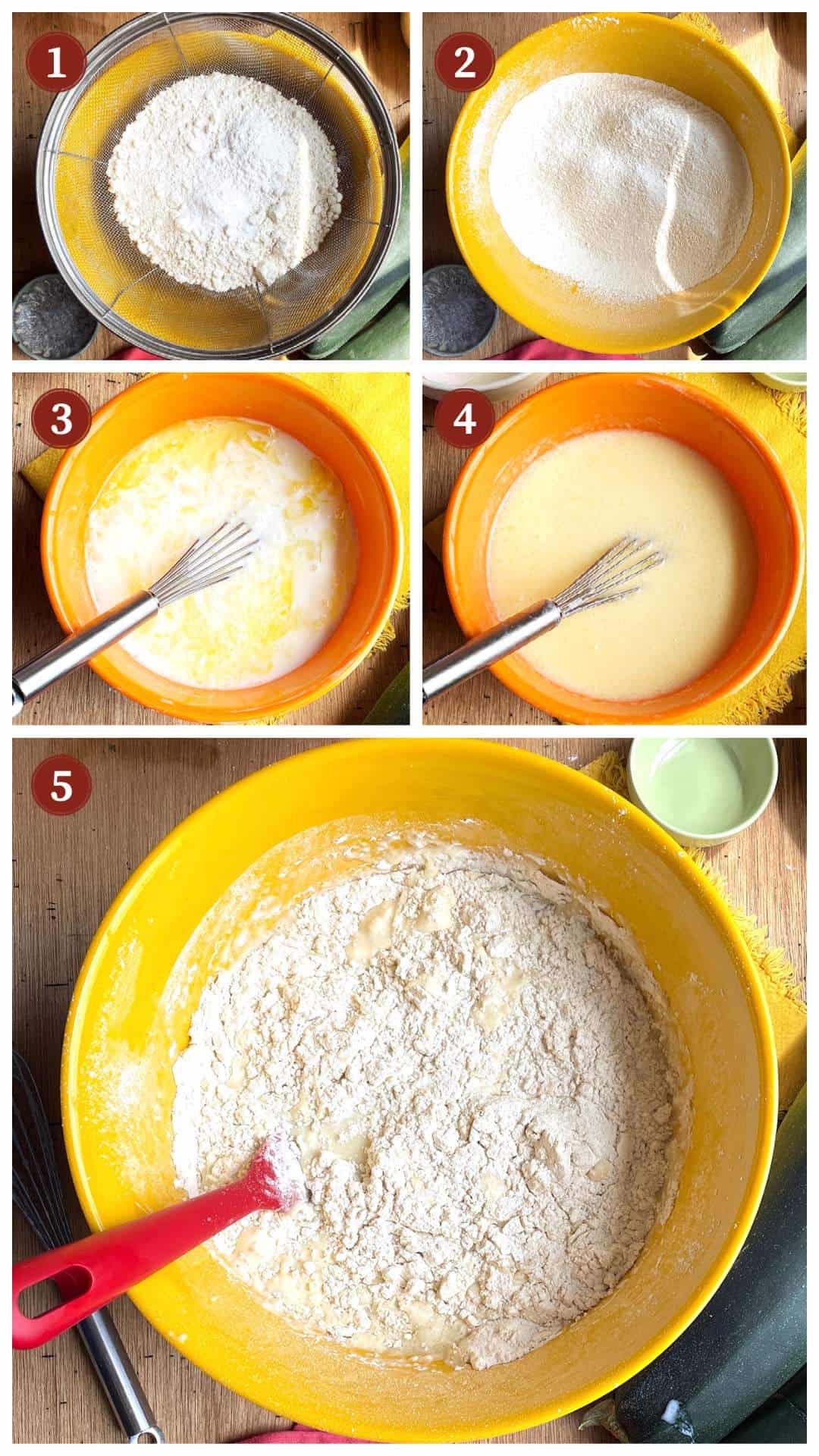 A collage of images showing how to make savory zucchini muffins and bread, steps 1 - 5.