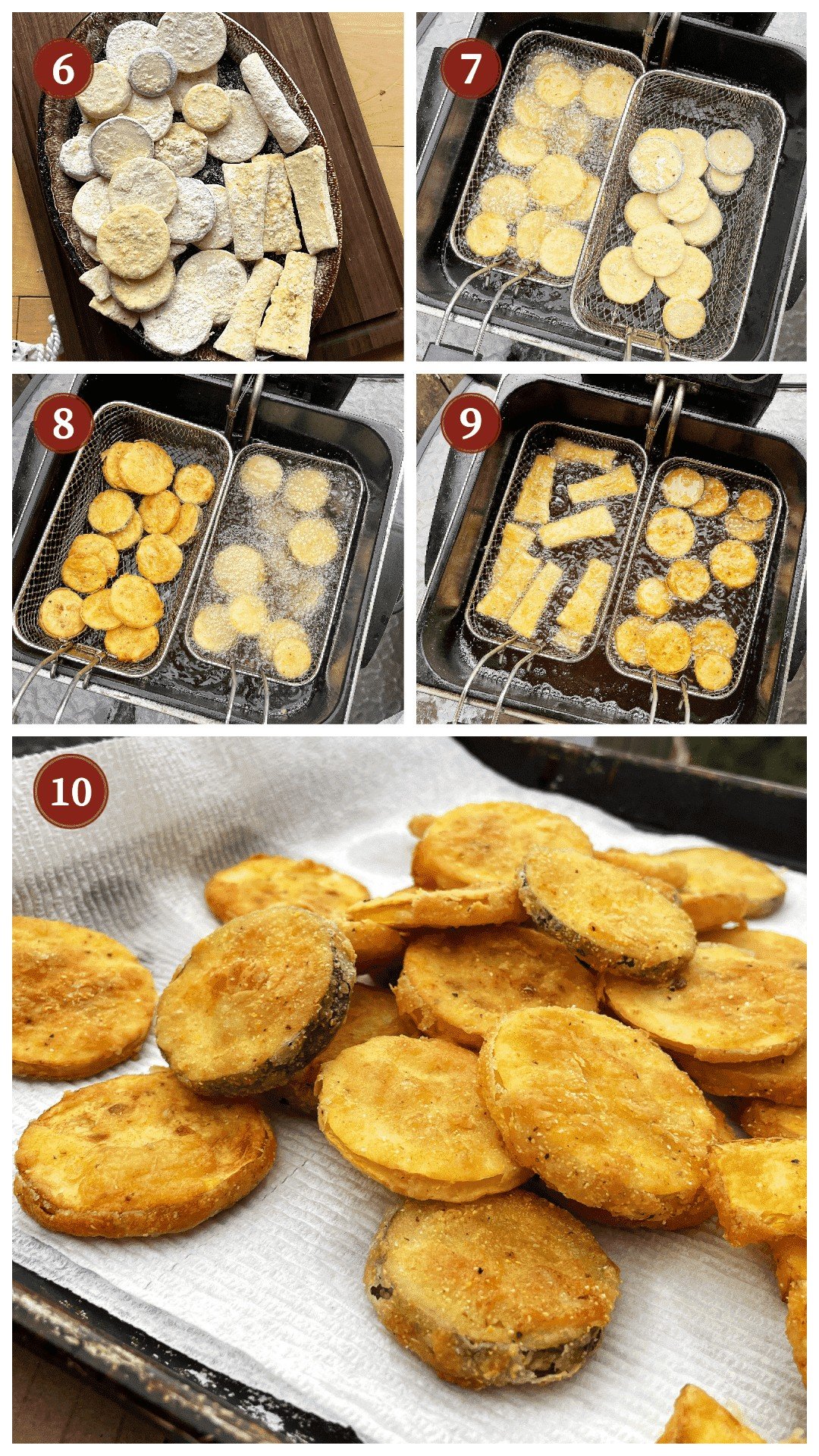 A collage of images showing how to fry summer squash, steps 6 - 10.