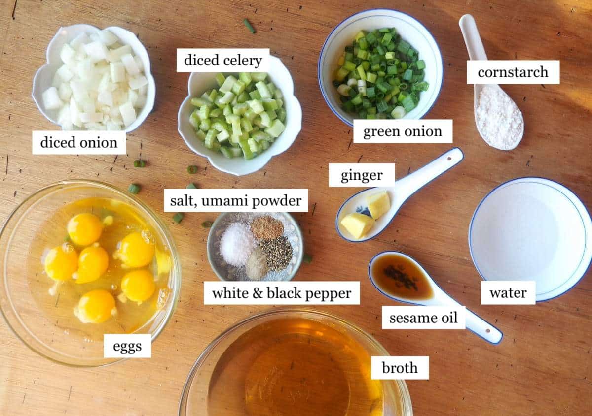 The ingredients in egg drop soup, laid out and labeled.