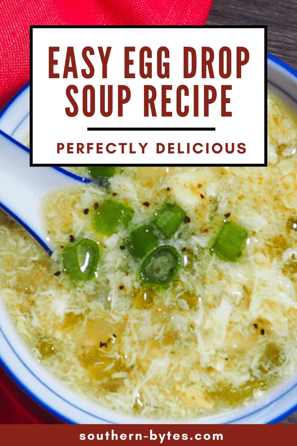 A pin image of a small bowl of homemade egg flower soup topped with green onions.