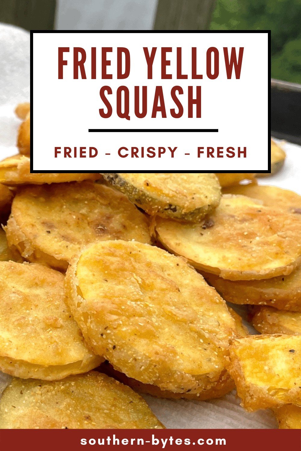 A pin image of a pile of fried squash rounds draining on a paper towel.