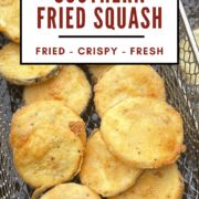 A pin image of southern fried yellow squash and zucchini in a deep fryer basket.