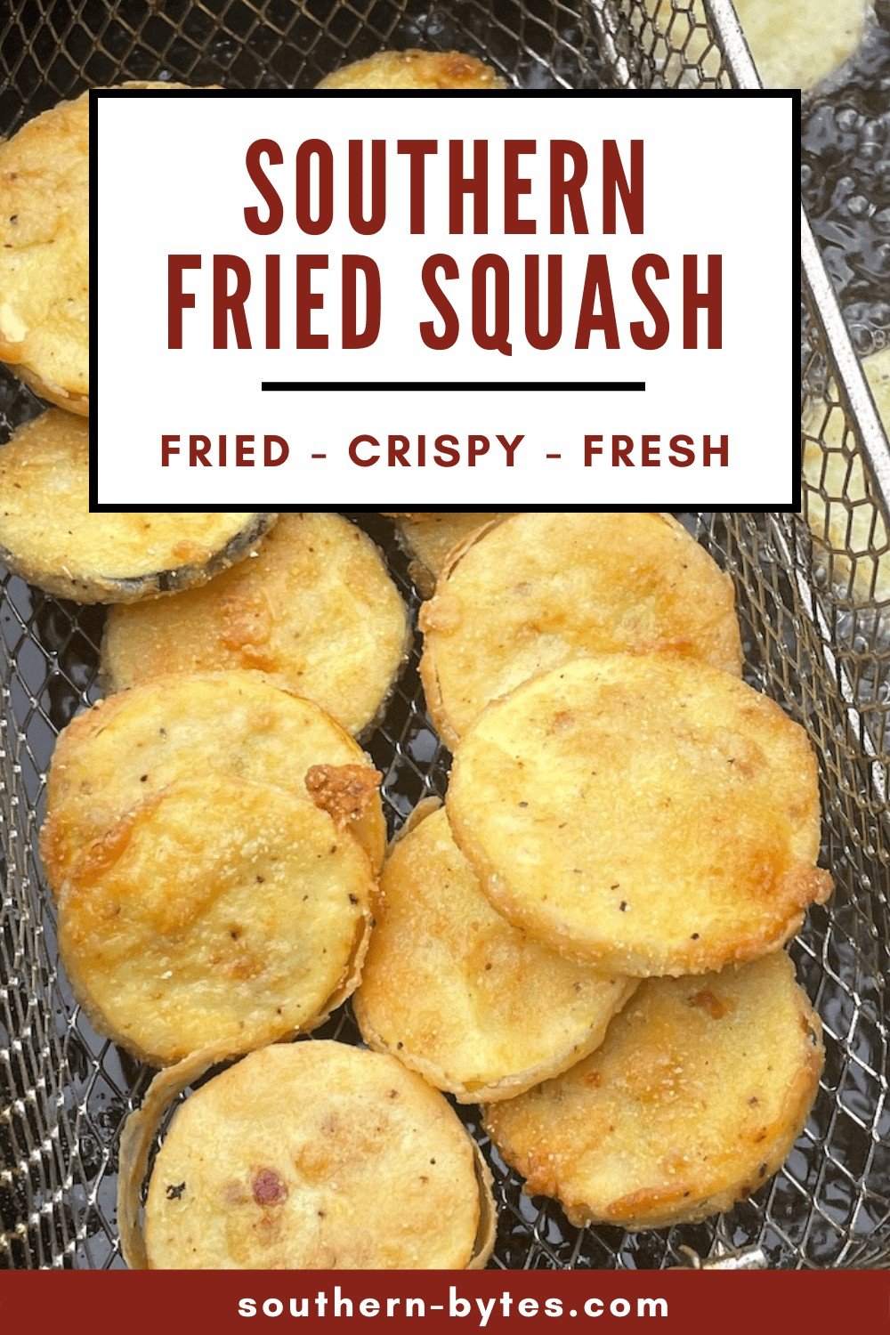 A pin image of southern fried yellow squash and zucchini in a deep fryer basket.