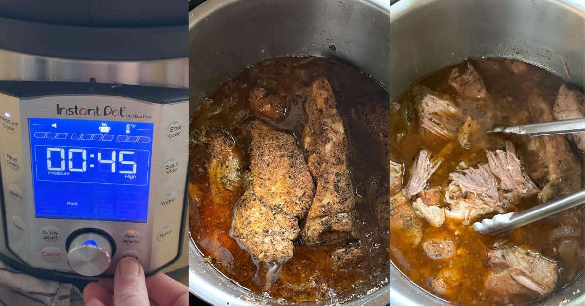 Three images showing how country style ribs are cooked in an instant pot for 45 minutes, then shredded.