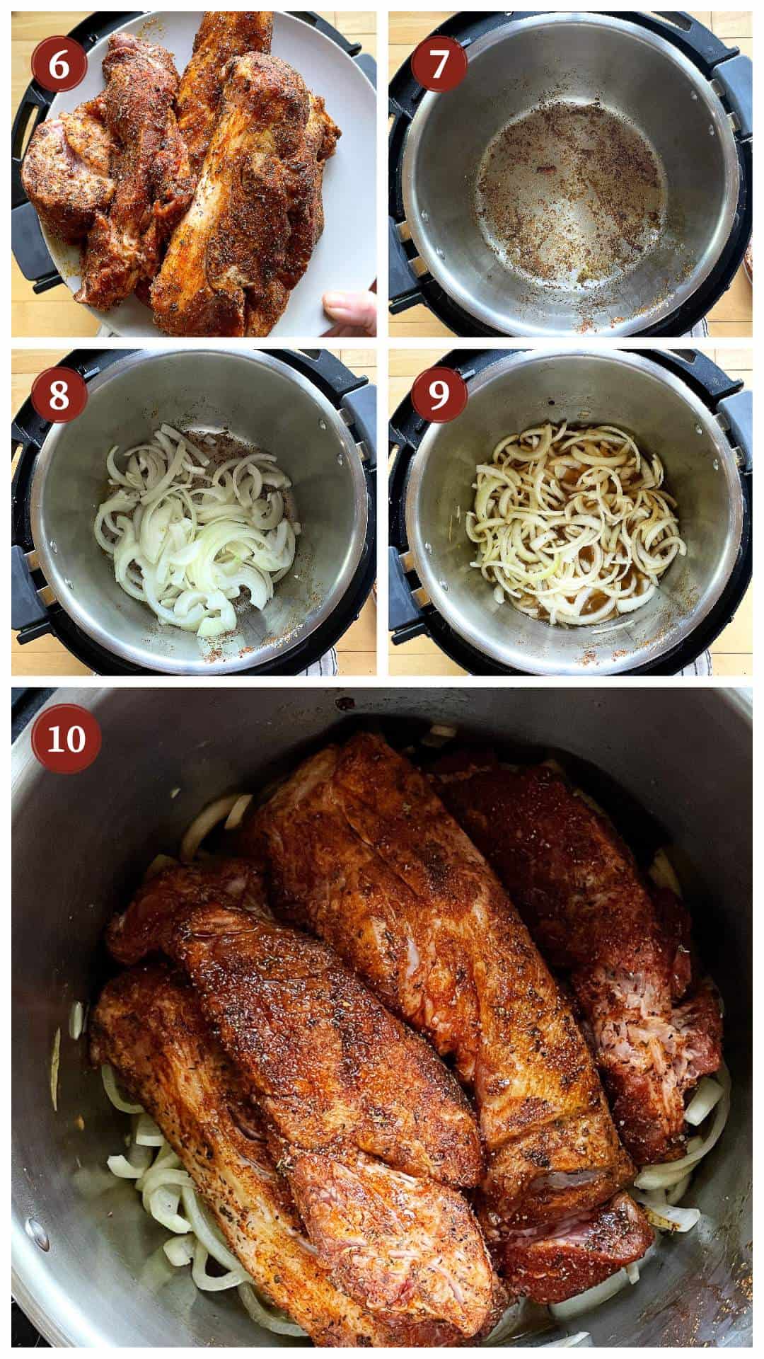 A collage of images showing how to make country style ribs in an Instant Pot, steps 6 - 10.