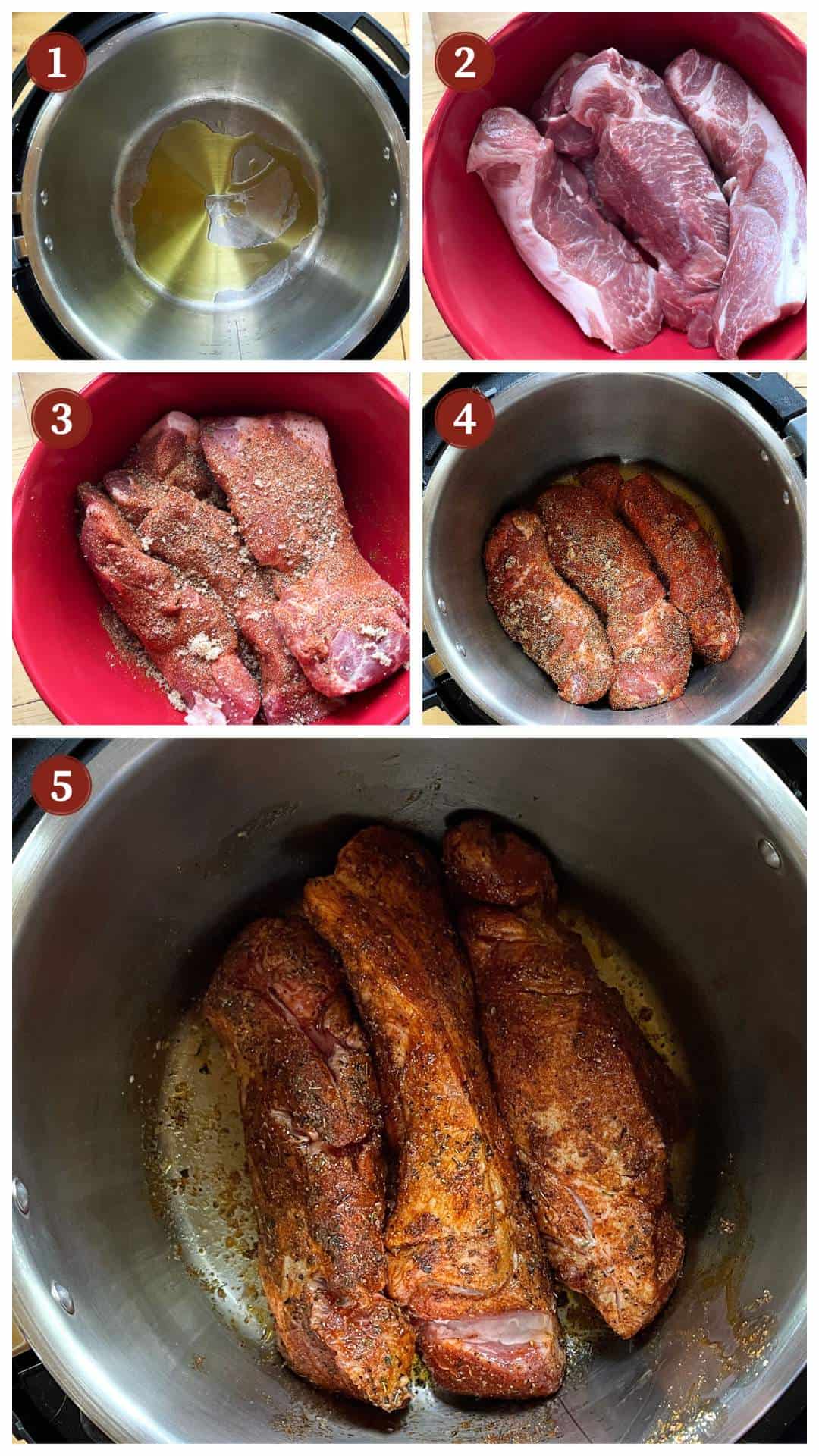 A collage of images showing how to make country style ribs in an Instant Pot, steps 1 - 5.