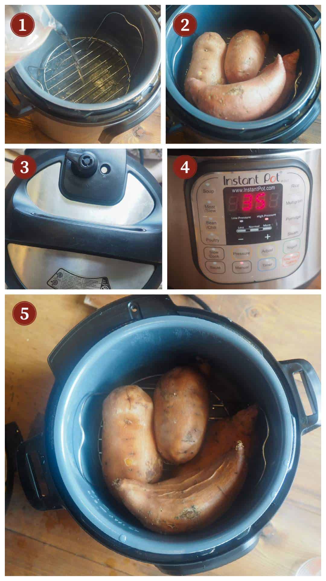 A collage of images showing how to cook sweet potatoes in an Instant Pot, steps 1 - 5.