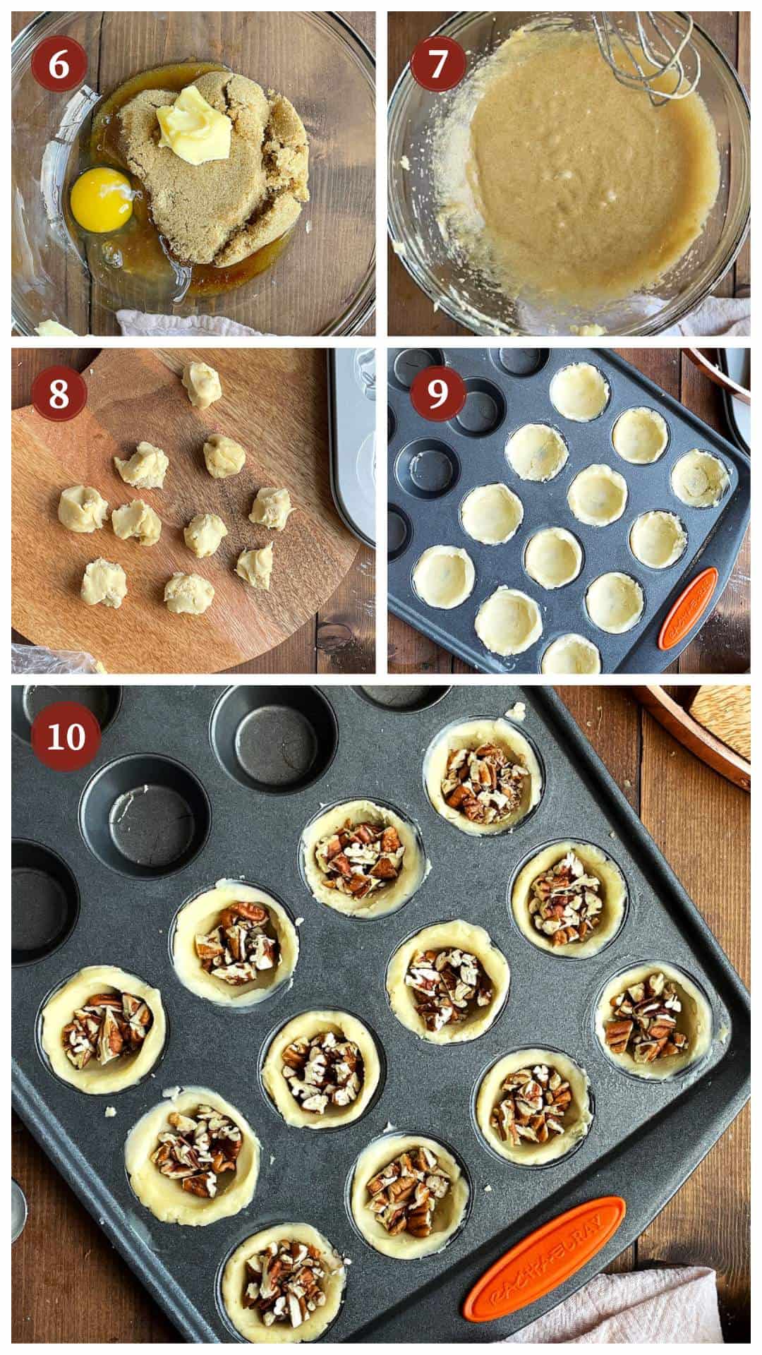 A collage of images showing how to make pecan tarts, steps 6 - 10.