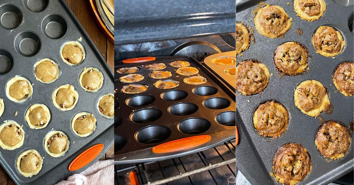Three images in a row showing pecan tarts going from raw to baked.