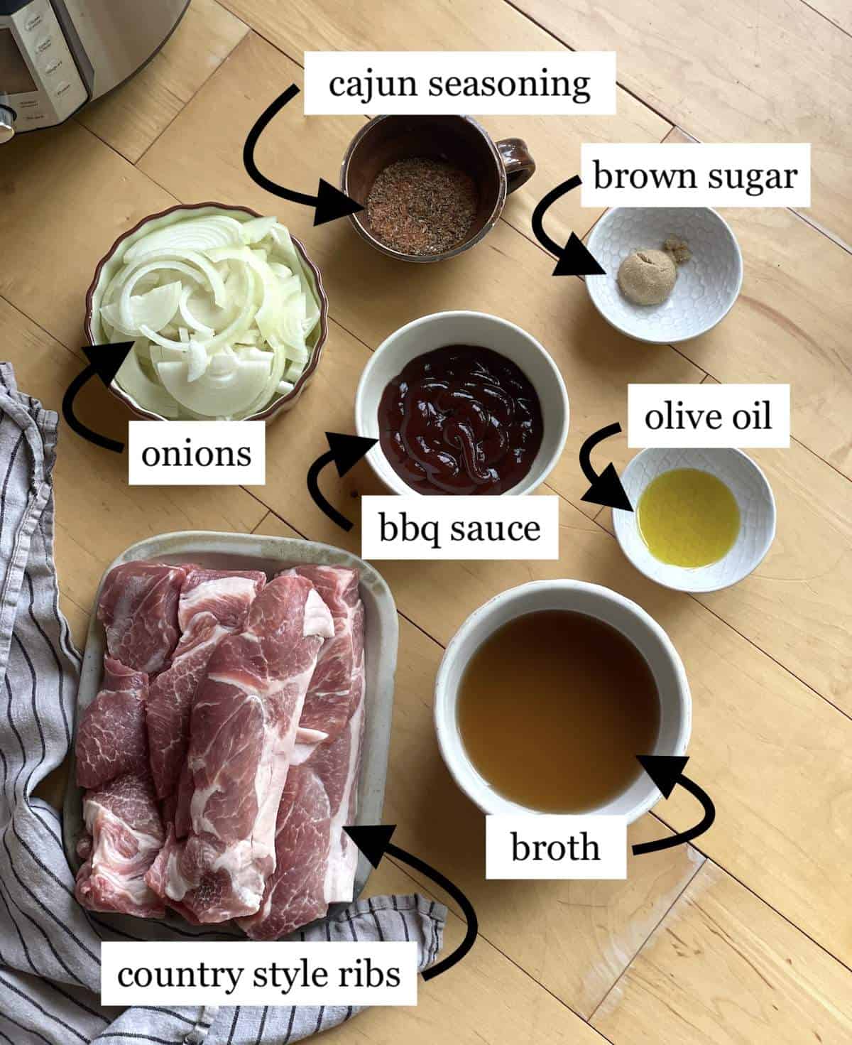 The ingredients in Instant Pot country style ribs, laid out and labeled.