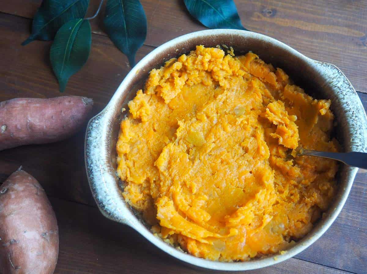 A bowl of pureed Instant Pot sweet potatoes.