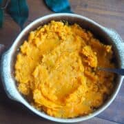 A bowl of mashed Instant Pot sweet potatoes.