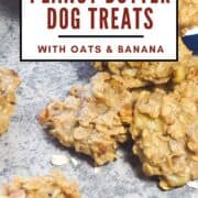 A pin image of peanut butter and banana dog treats falling out of a jar.