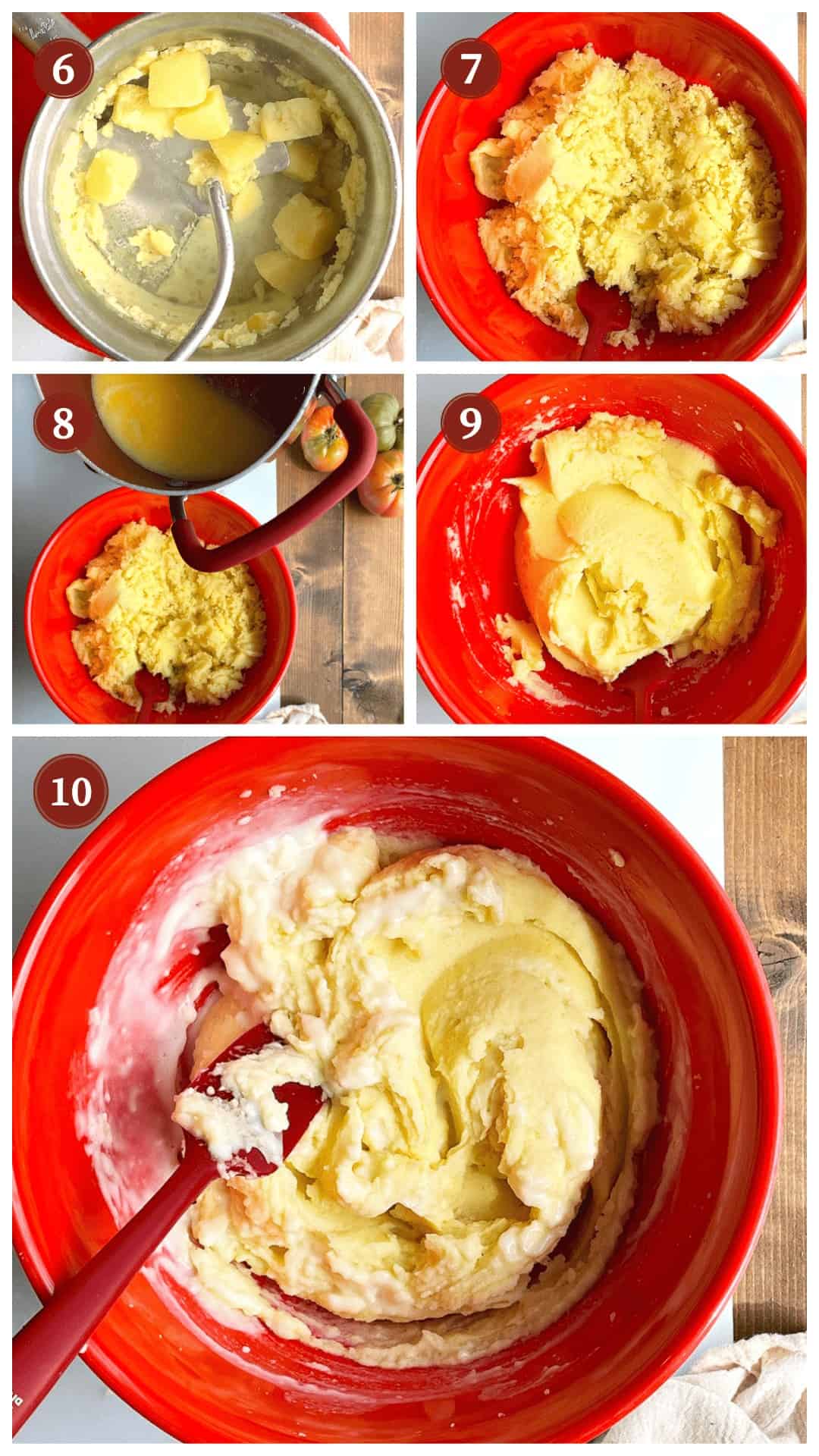 A collage of images showing how to make buttermilk mashed potatoes, steps 6 - 10.