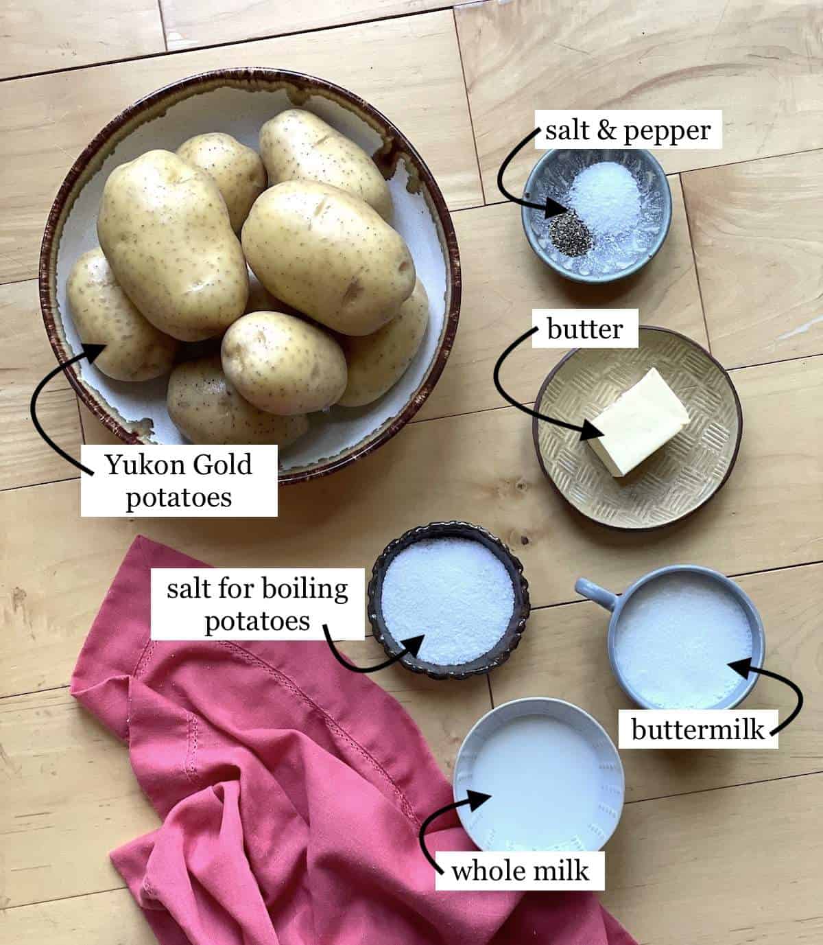 The ingredients in buttermilk mashed potatoes, laid out and labeled.