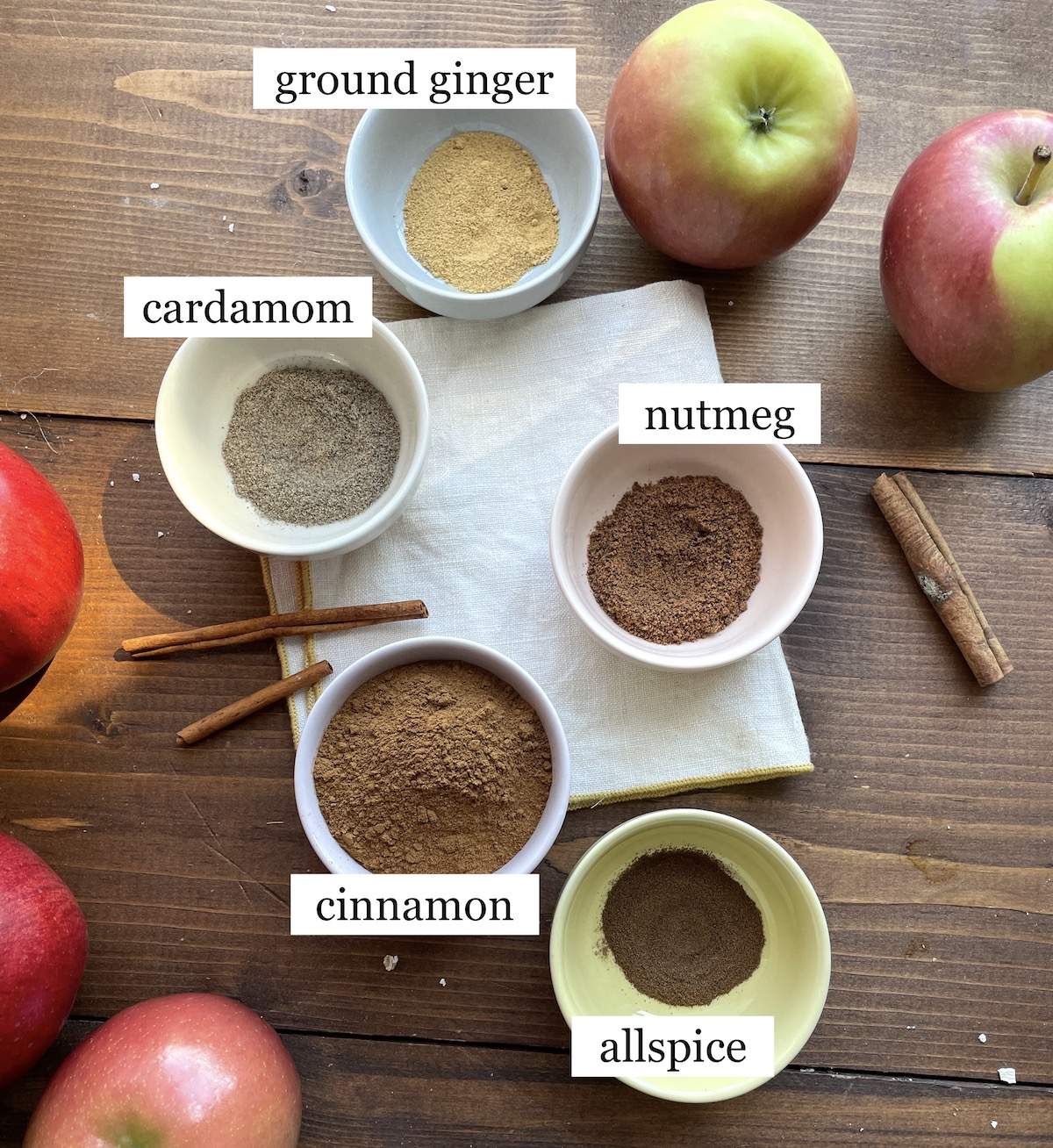 The ingredients in apple pie spice laid out and labeled.
