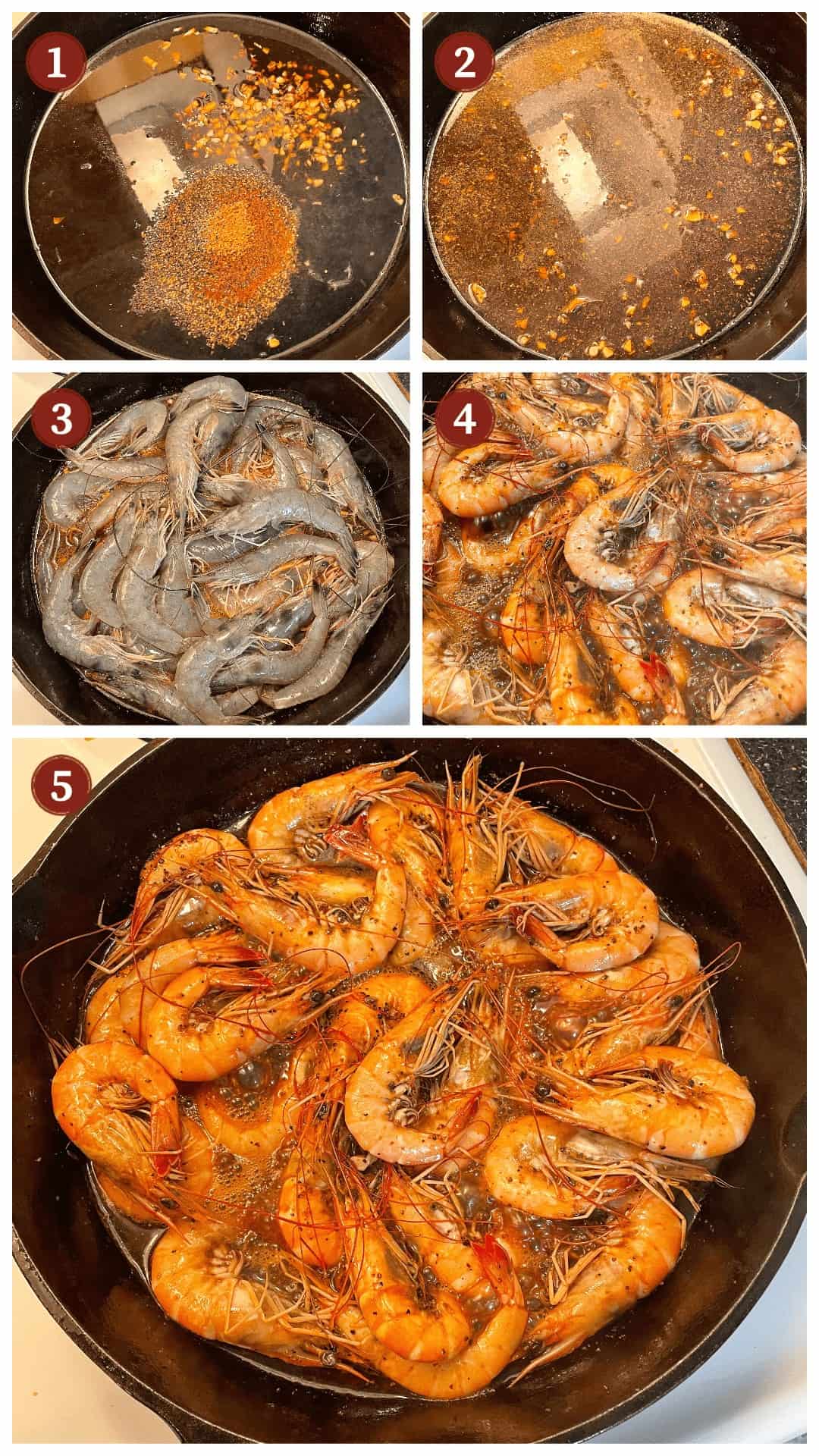A collage of images showing how to make New Orleans BBQ Shrimp, steps 1-5.
