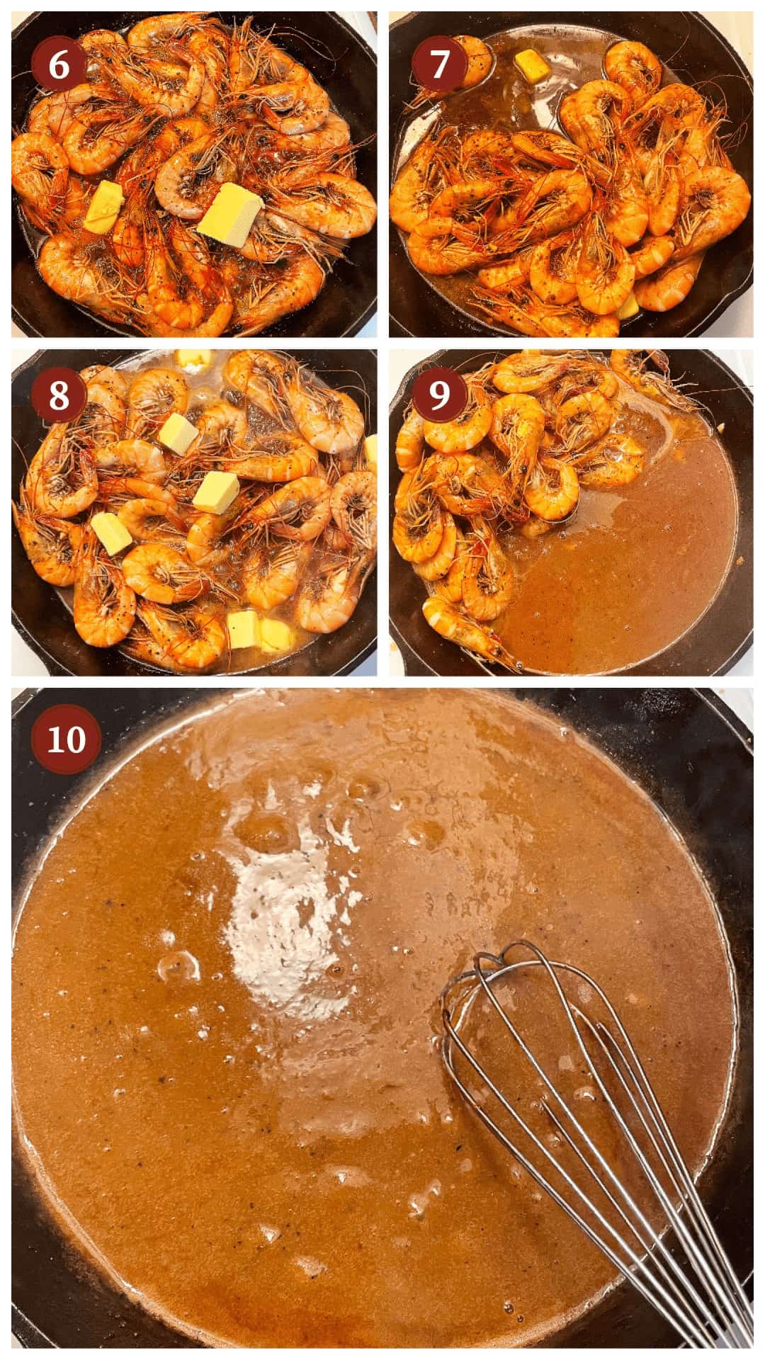 A collage of images showing how to make New Orleans BBQ Shrimp, steps 6-10.