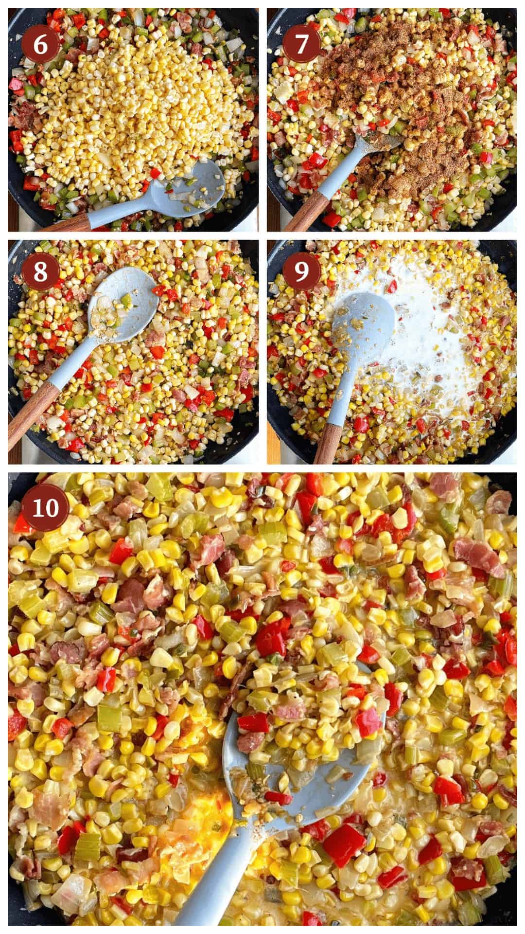 A collage of images showing how to make corn maque choux, steps 6 - 10.