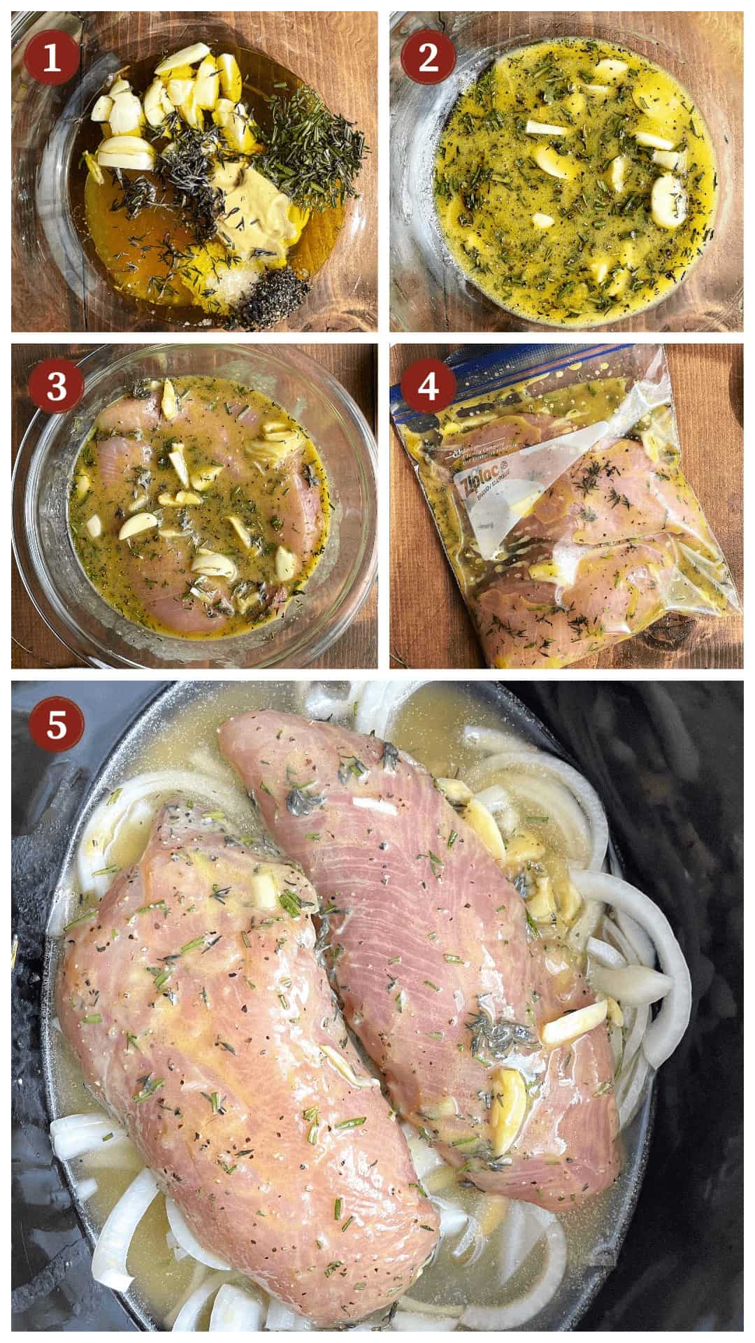A collage of images showing how to make crockpot turkey tenderloins, steps 1-5.