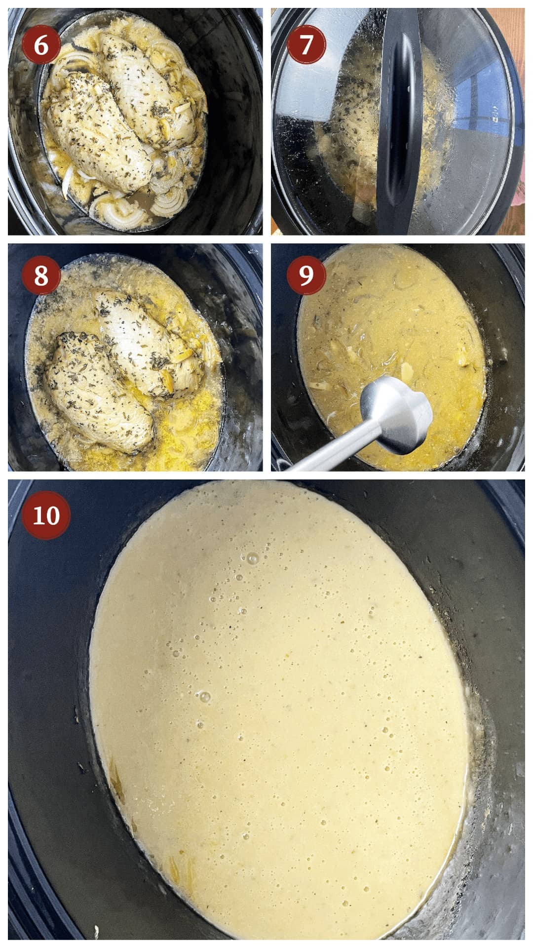 A collage of images showing how to cook crockpot turkey tenderloins, steps 6-10.