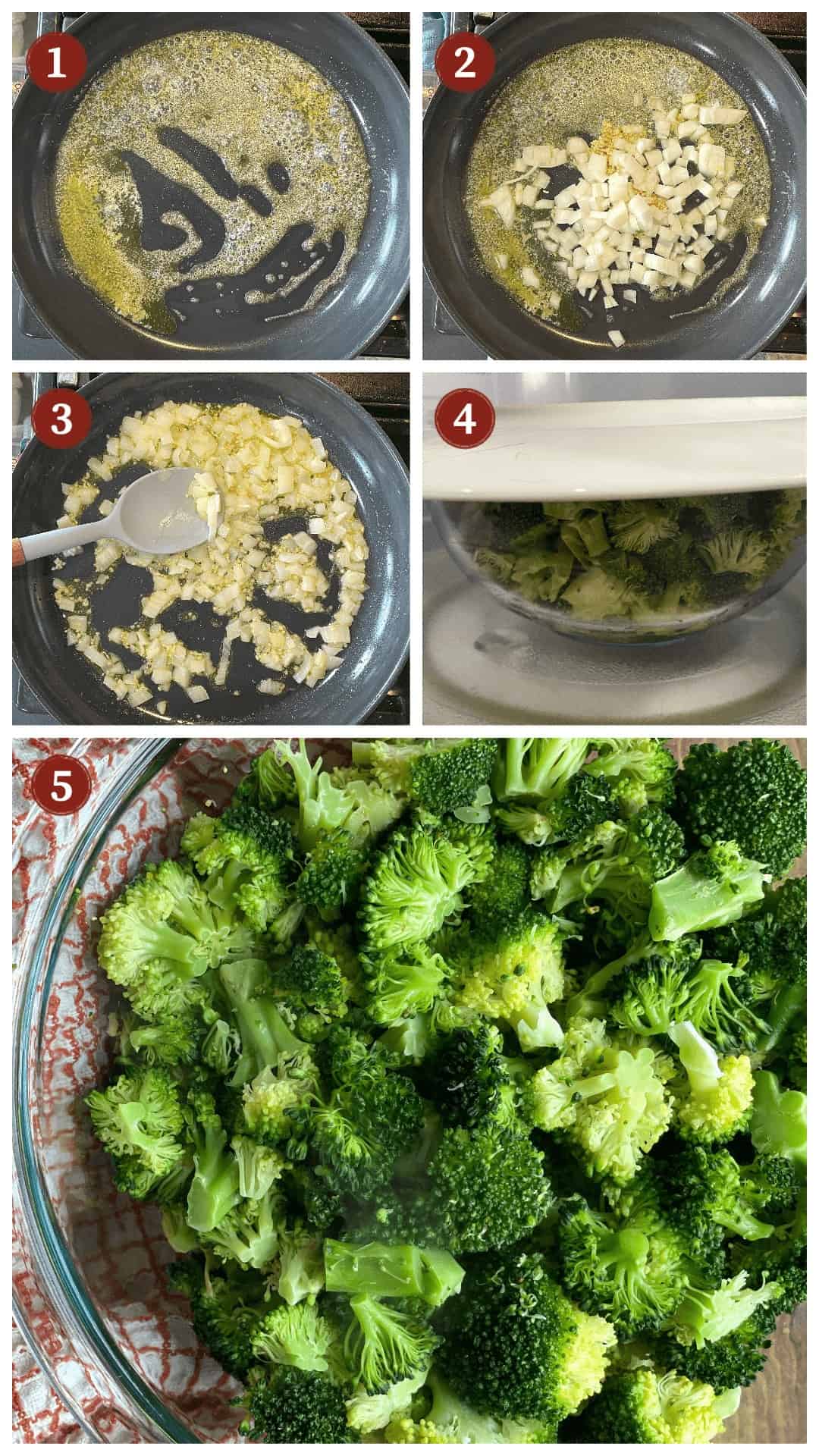 A collage of images showing how to make broccoli casserole, steps 1-5.