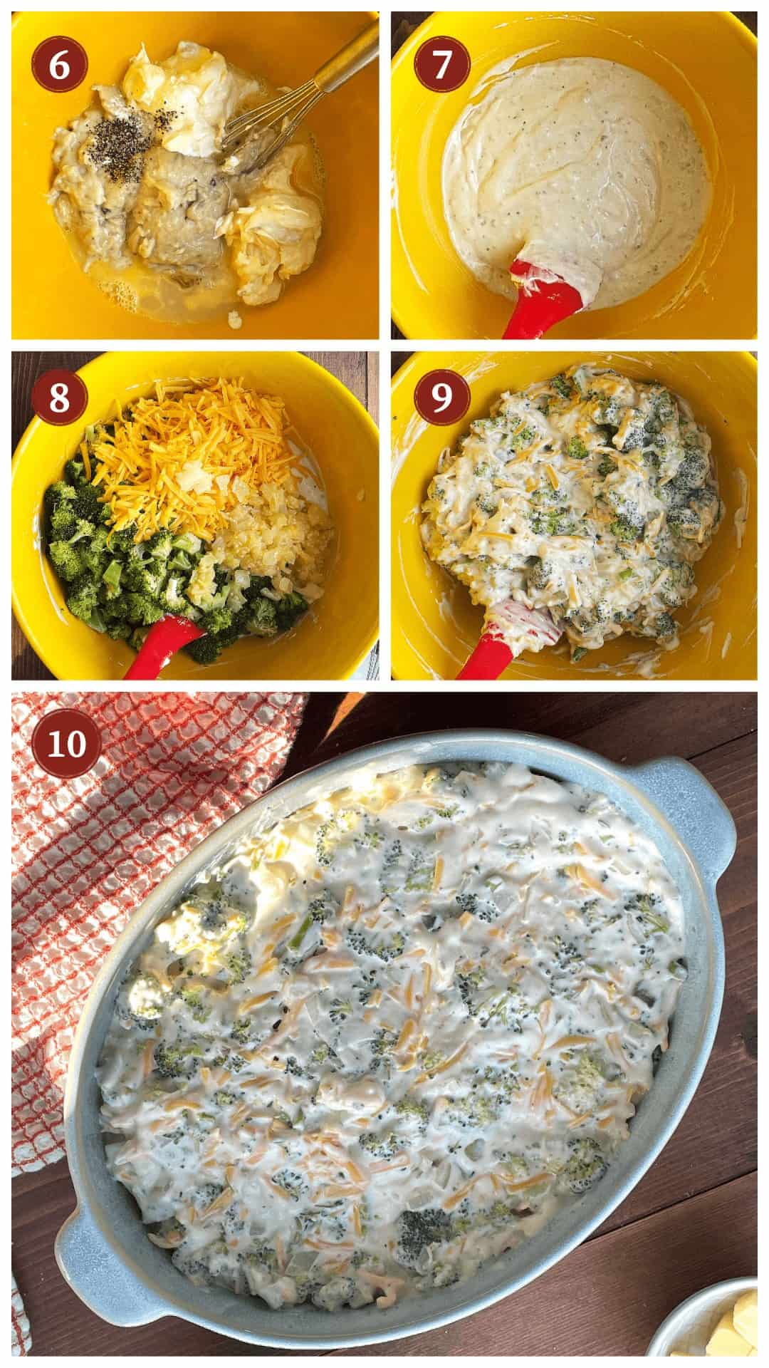 A collage of images showing how to make broccoli casserole, steps 6-10.