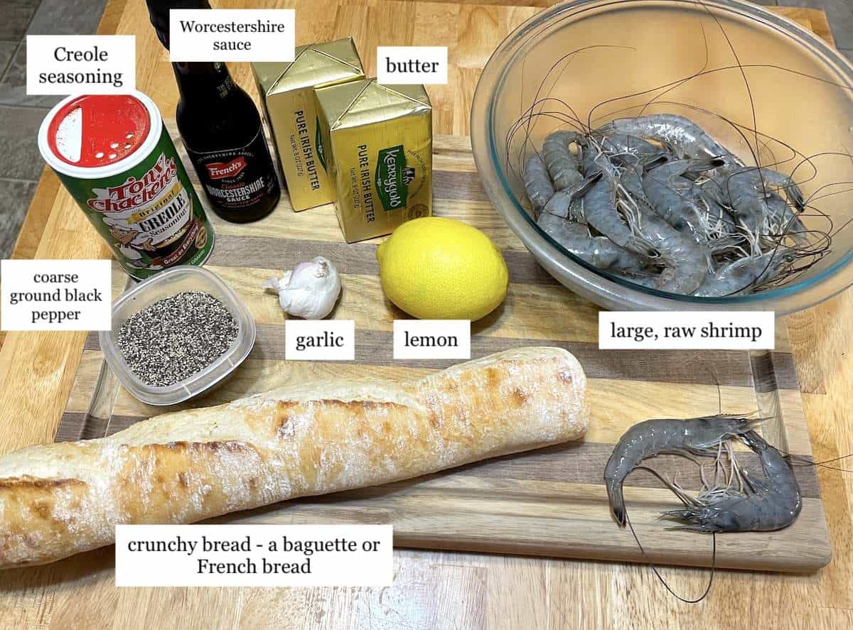 The ingredients in New Orleans BBQ Shrimp, laid out and labeled.