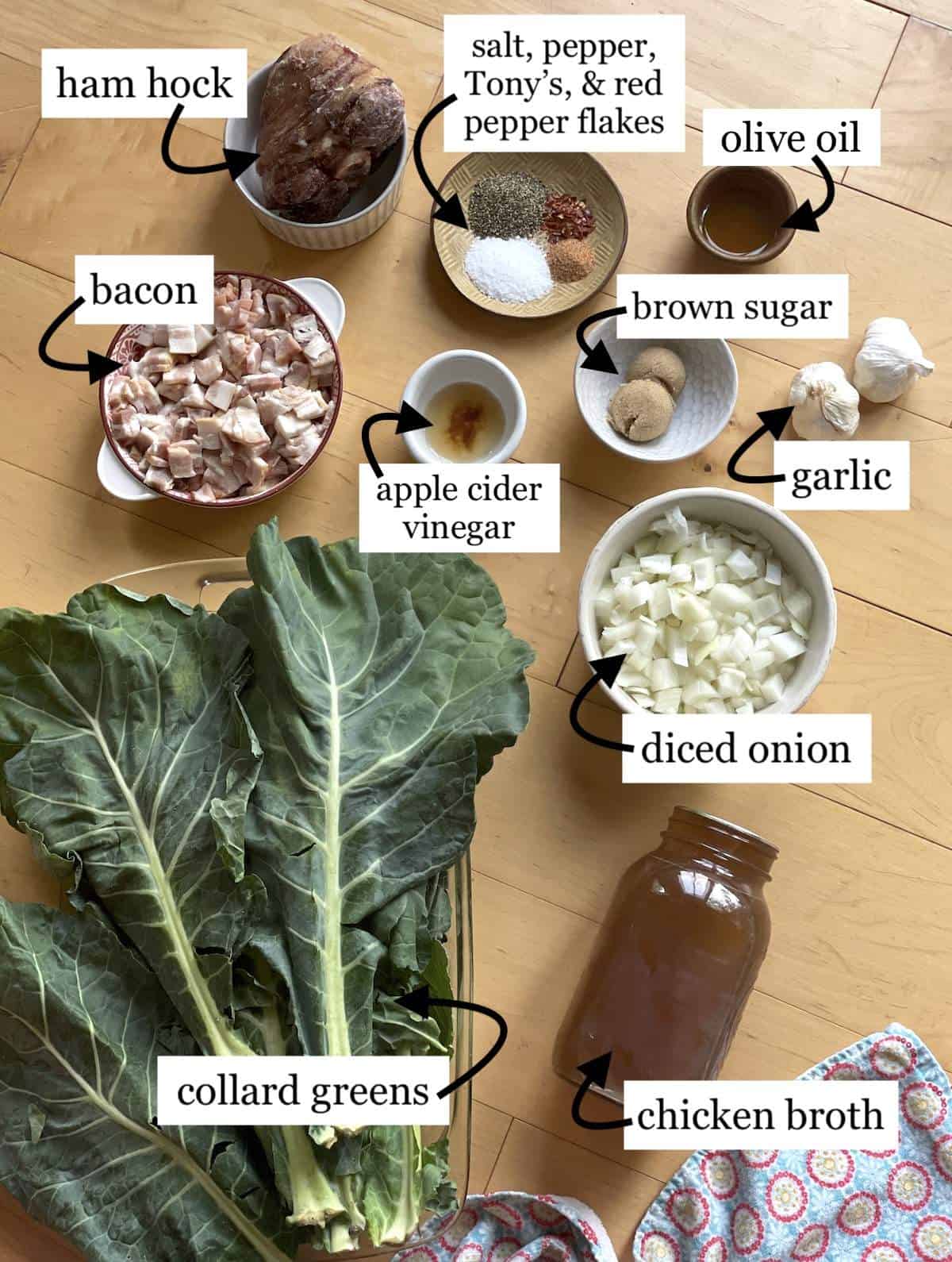 The ingredients needed to make collard greens, laid out and labeled.