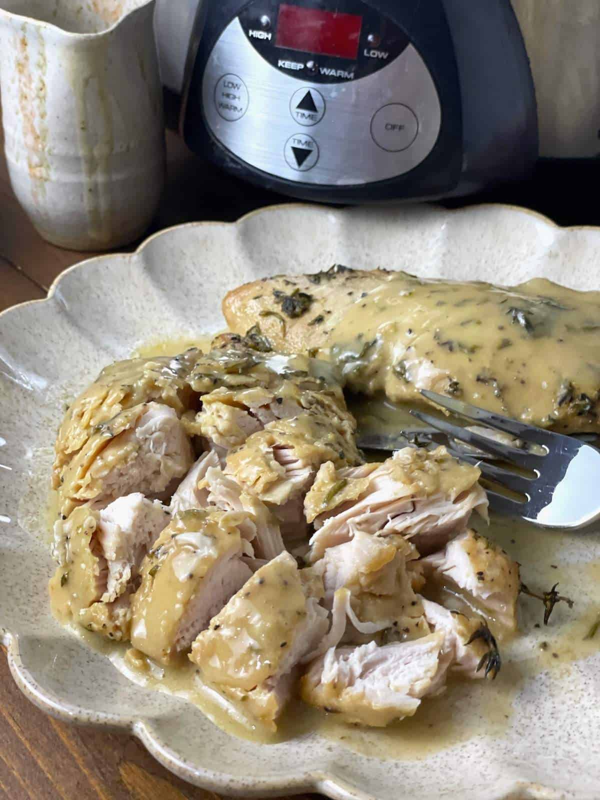 A cut up turkey tenderloin covered in gravy on a scalloped plate in from of a crockpot.