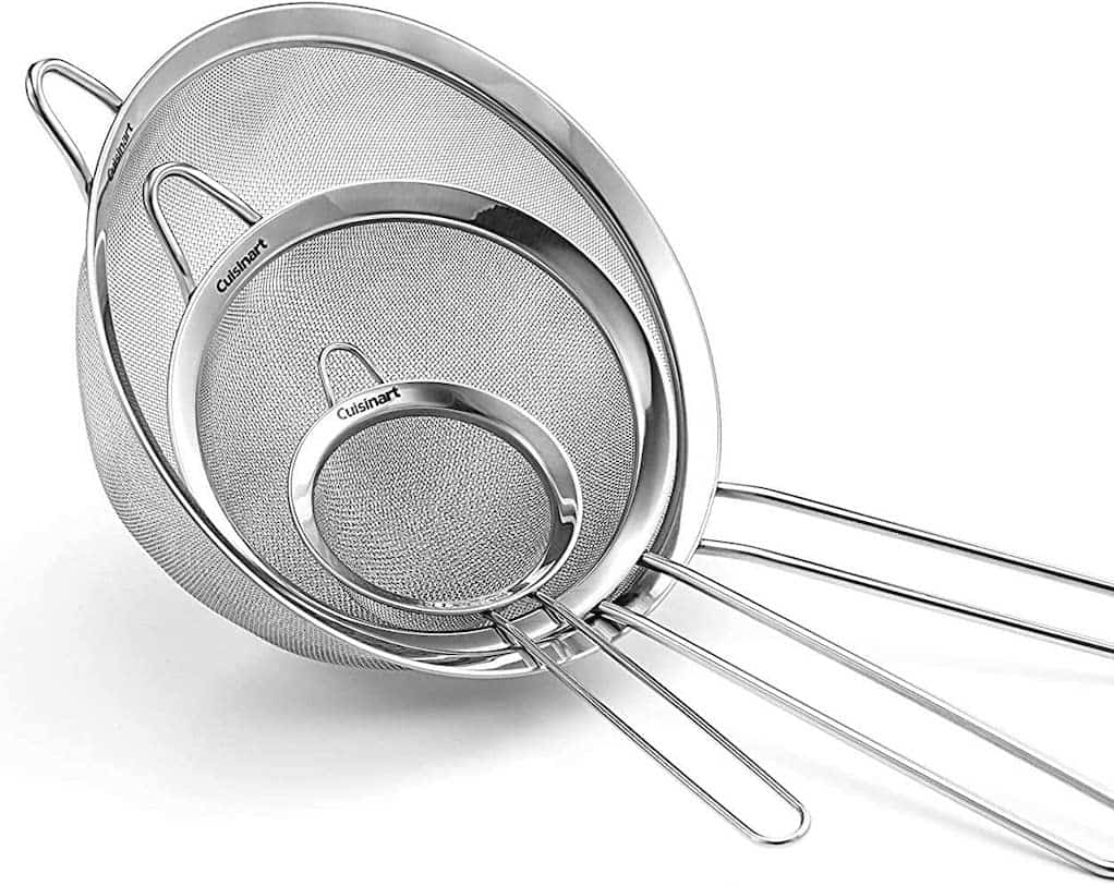 A three pack of fine metal strainers.