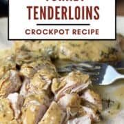 A pin image of a cut up turkey tenderloin covered in gravy on a scalloped plate in from of a slow cooker.