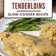 A pin image of a cooked turkey tenderloin with Israeli couscous and green beans on a plate in front of a crockpot.